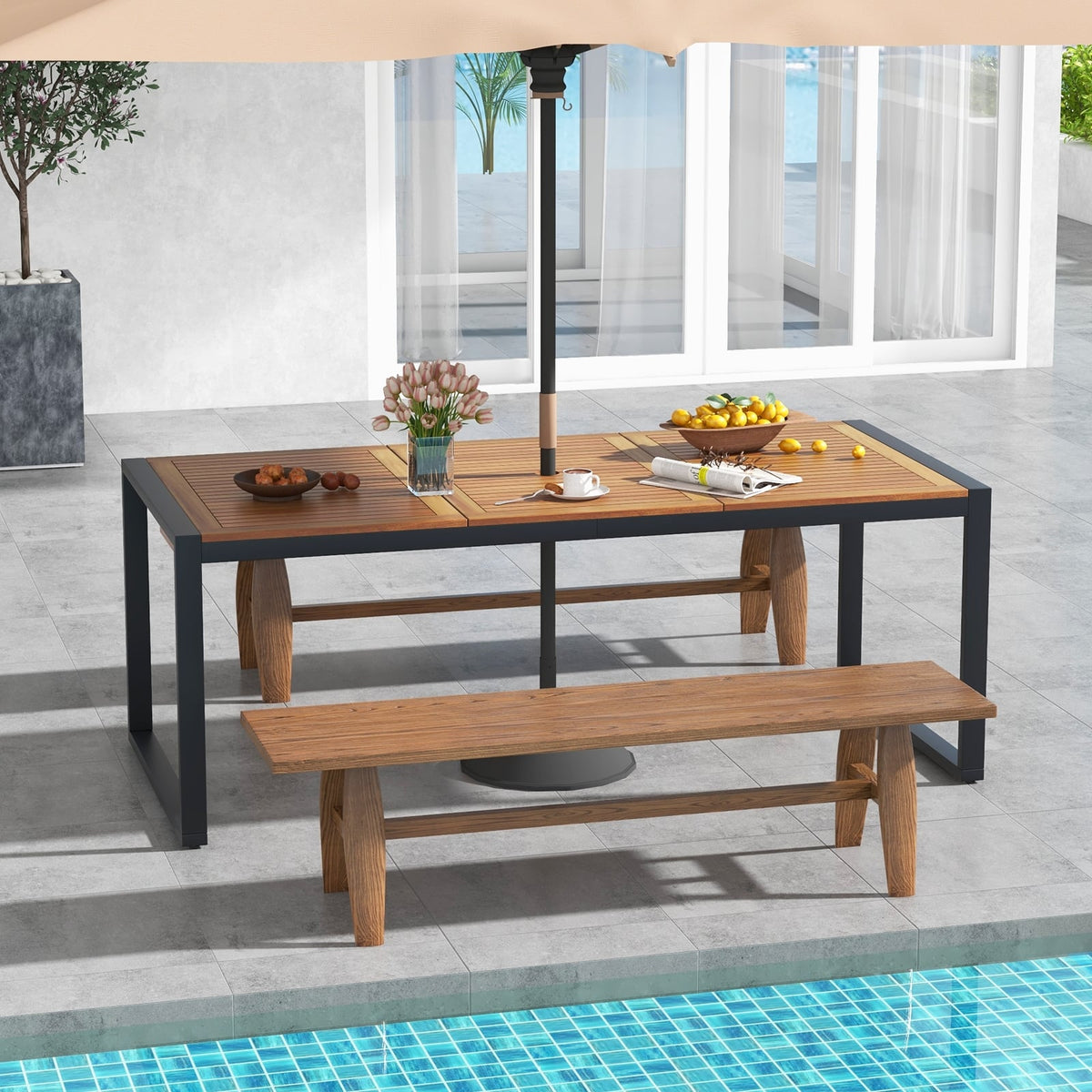 79 Inch Acacia Wood Patio Table with 1.9 Inch Umbrella Hole for Garden and Poolside-Patio Dining Tables-DECOROLALA
