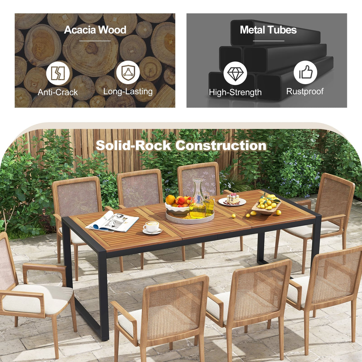 79 Inch Acacia Wood Patio Table with 1.9 Inch Umbrella Hole for Garden and Poolside-Patio Dining Tables-DECOROLALA
