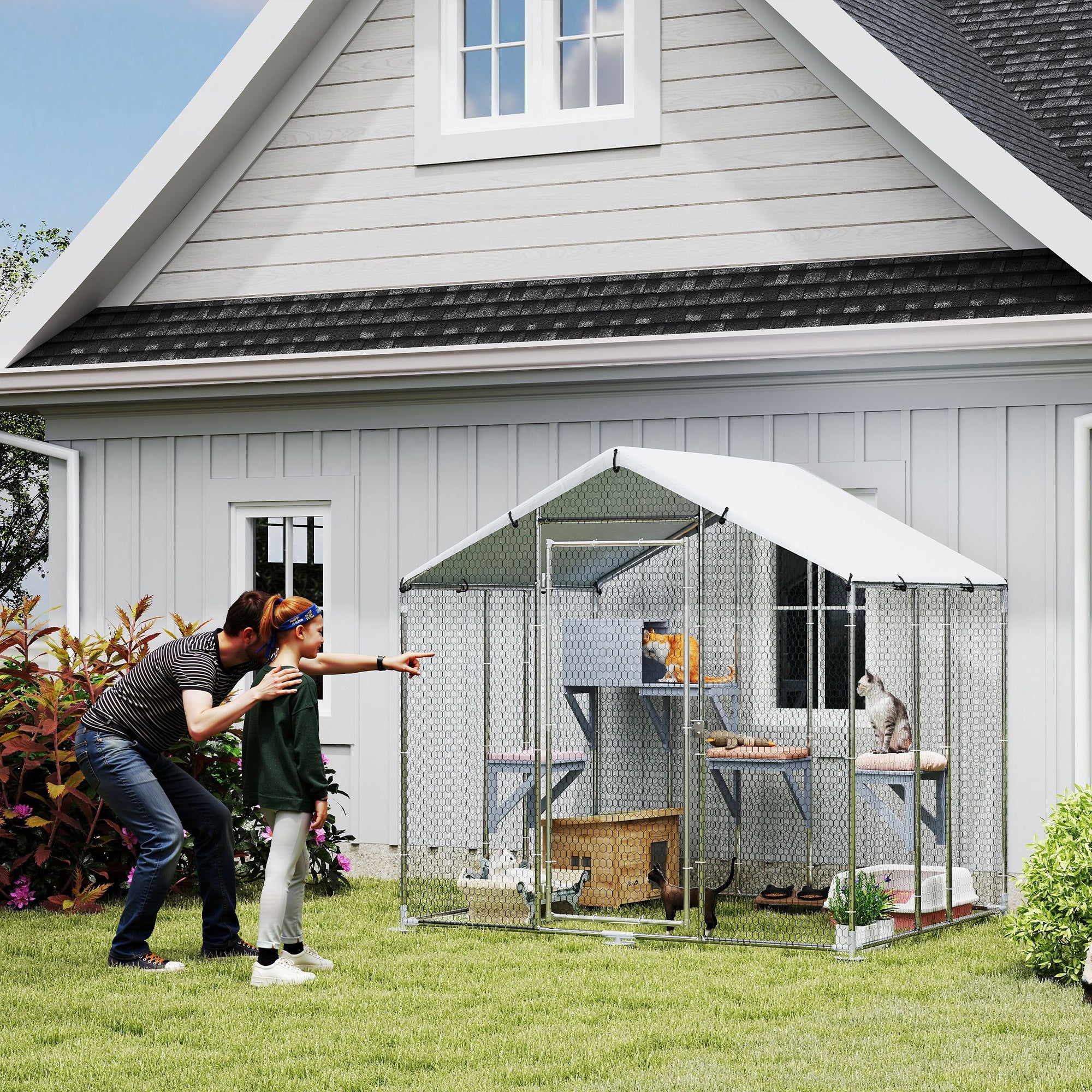 79" Metal Outdoor Catio - Silver Large Cat Enclosure with Cover-Cats-DECOROLALA