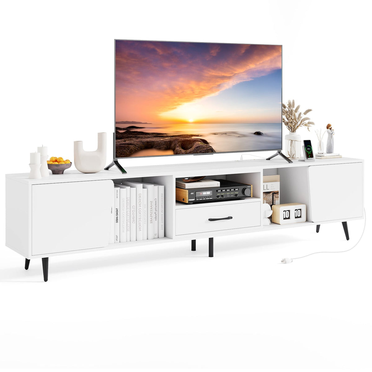 79" Modern TV Stand with Charging Station - White Media Console-Entertainment Centers & TV Stands-DECOROLALA