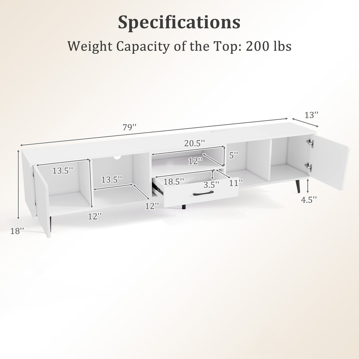 79" Modern TV Stand with Charging Station - White Media Console-Entertainment Centers & TV Stands-DECOROLALA
