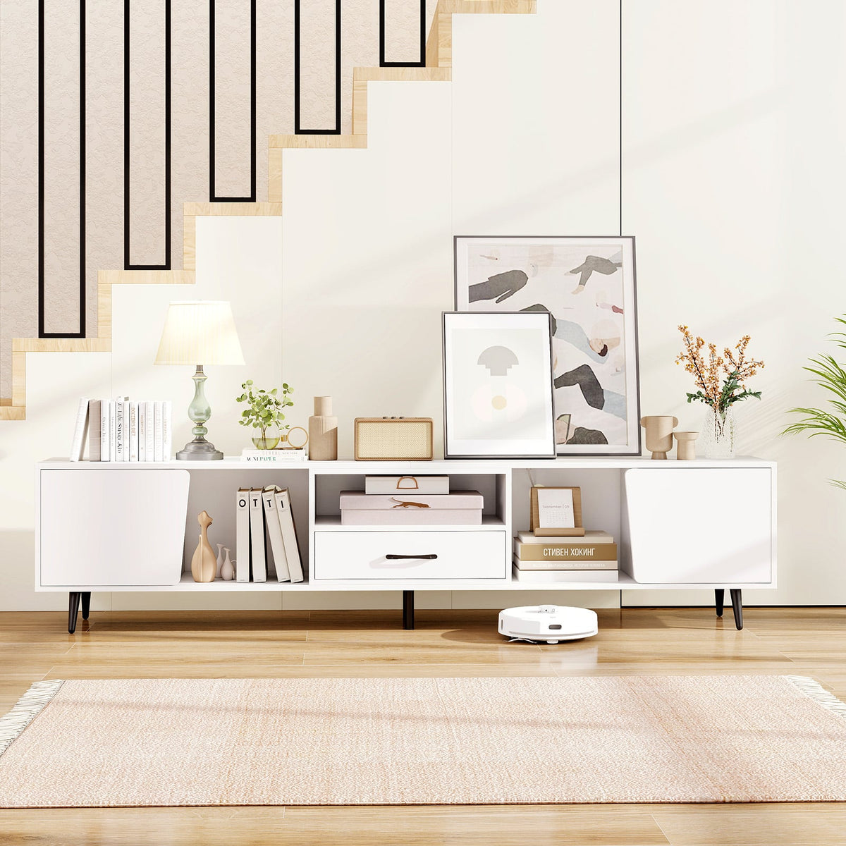 79" Modern TV Stand with Charging Station - White Media Console-Entertainment Centers & TV Stands-DECOROLALA