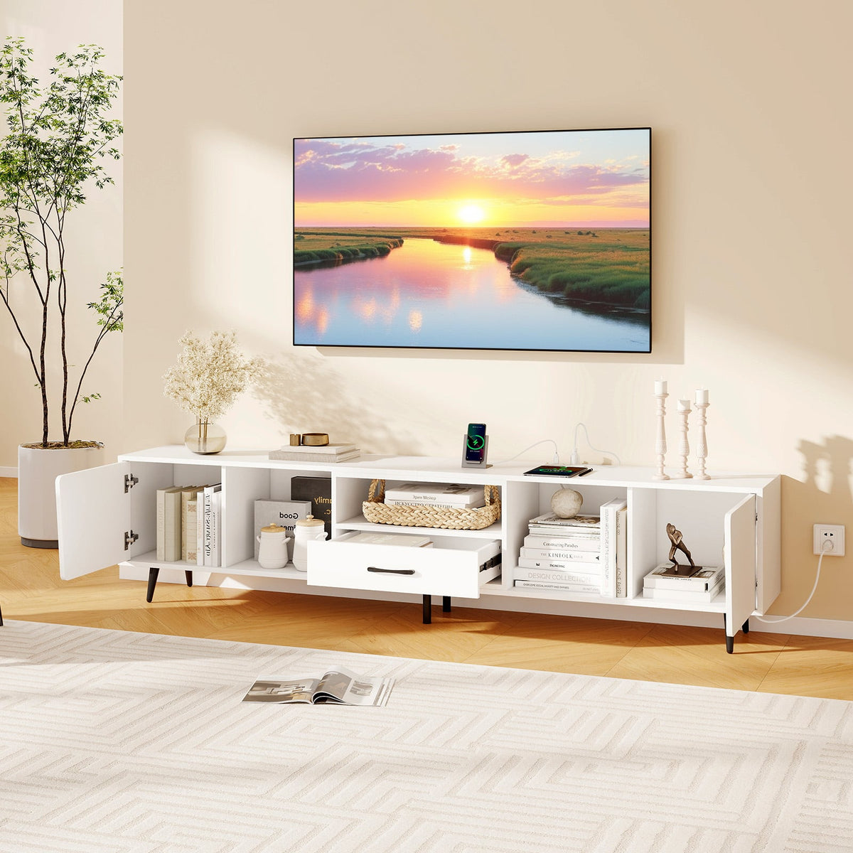 79" Modern TV Stand with Charging Station - White Media Console-Entertainment Centers & TV Stands-DECOROLALA