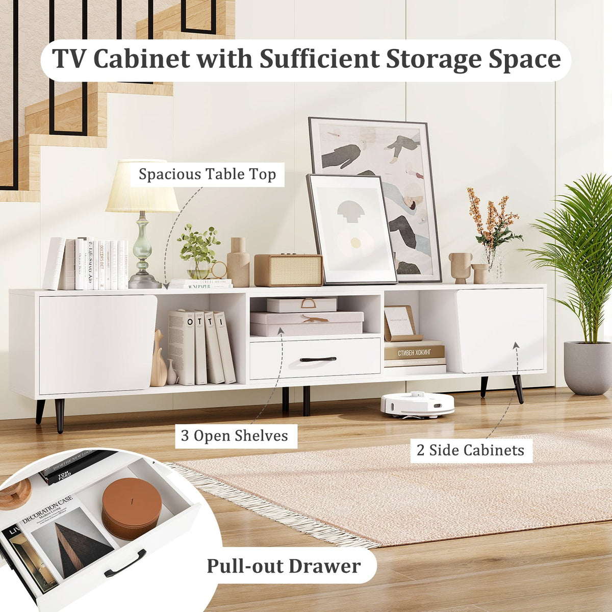 79" Modern TV Stand with Charging Station - White Media Console-Entertainment Centers & TV Stands-DECOROLALA