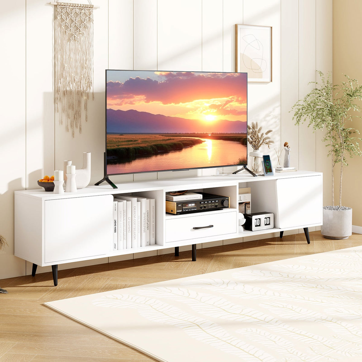79" Modern TV Stand with Charging Station - White Media Console-Entertainment Centers & TV Stands-DECOROLALA