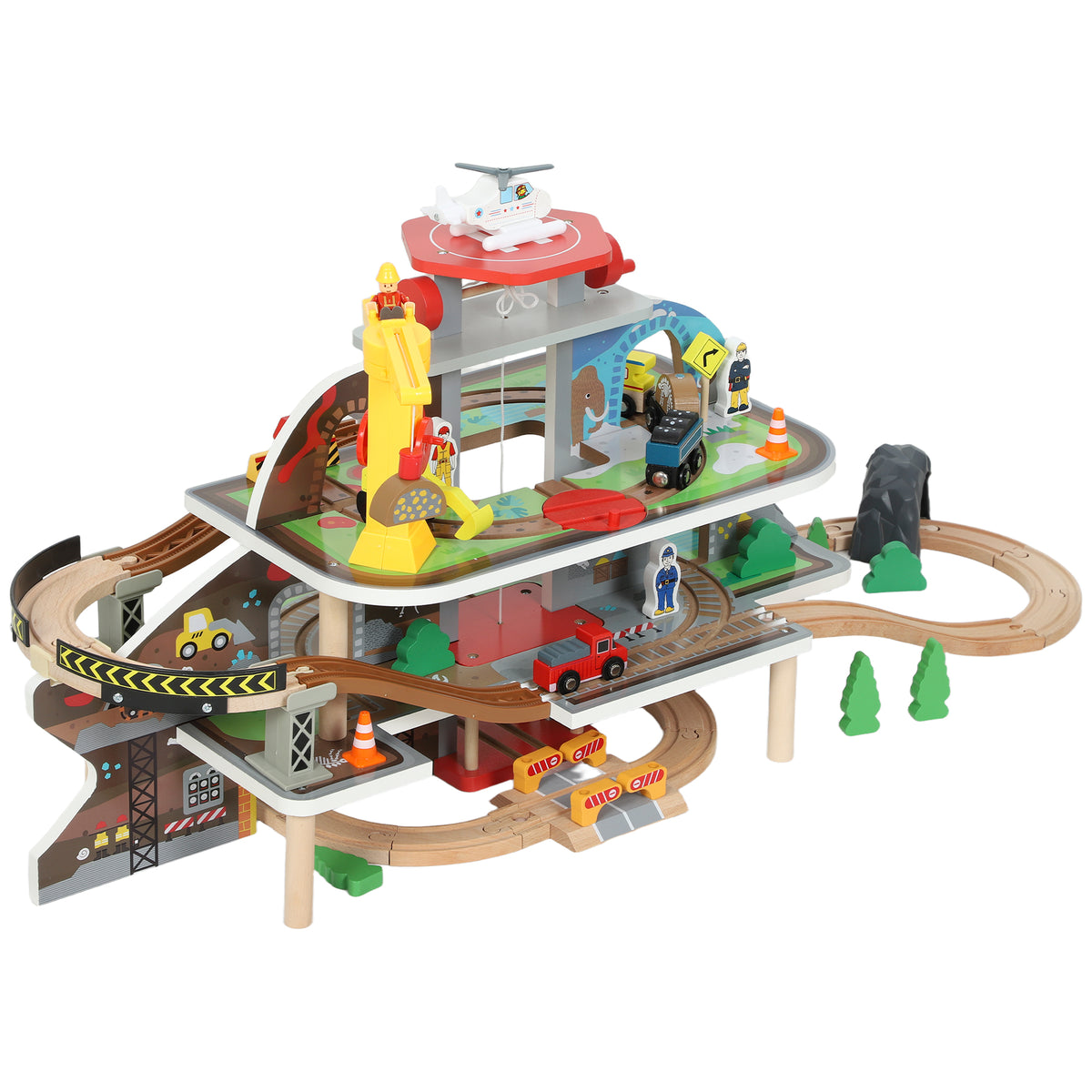 79Pcs Wooden Train Set Mine Themed with Crane, Helicopter, Track & Accessories, for Boys & Girls 3+ Years Old-Toys & Games > Baby & Toddler Toys-DECOROLALA