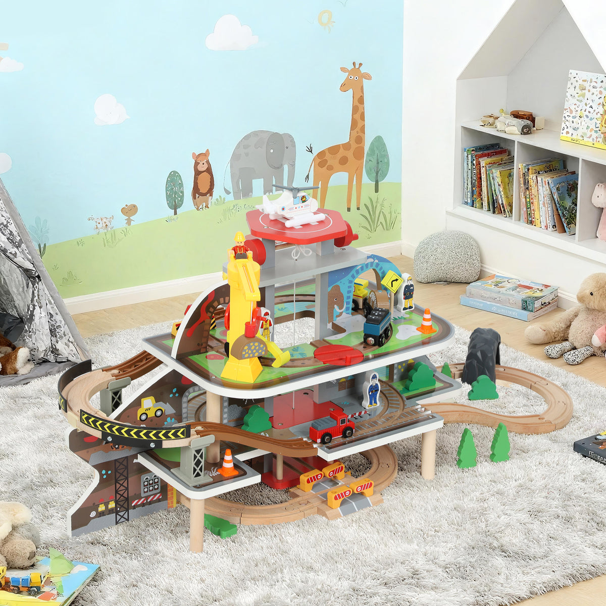 79Pcs Wooden Train Set Mine Themed with Crane, Helicopter, Track & Accessories, for Boys & Girls 3+ Years Old-Toys & Games > Baby & Toddler Toys-DECOROLALA