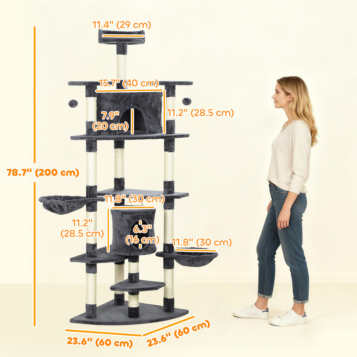 79" Tall Cat Tree Condo with Scratching Posts - Dark Grey-Cats-DECOROLALA
