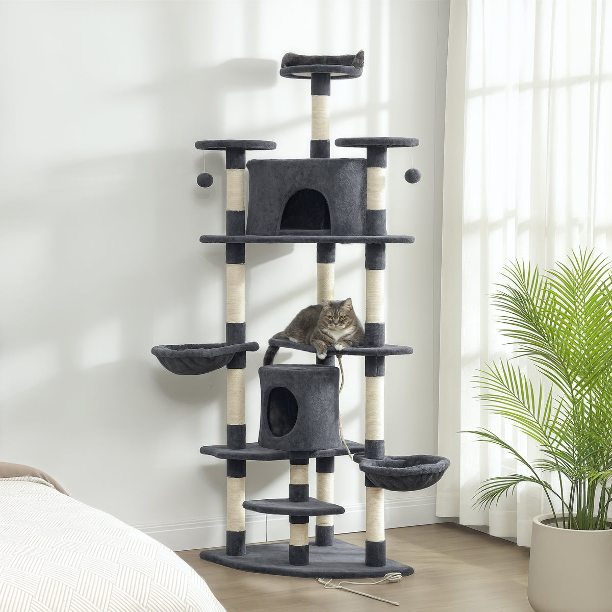 79" Tall Cat Tree Condo with Scratching Posts - Dark Grey-Cats-DECOROLALA