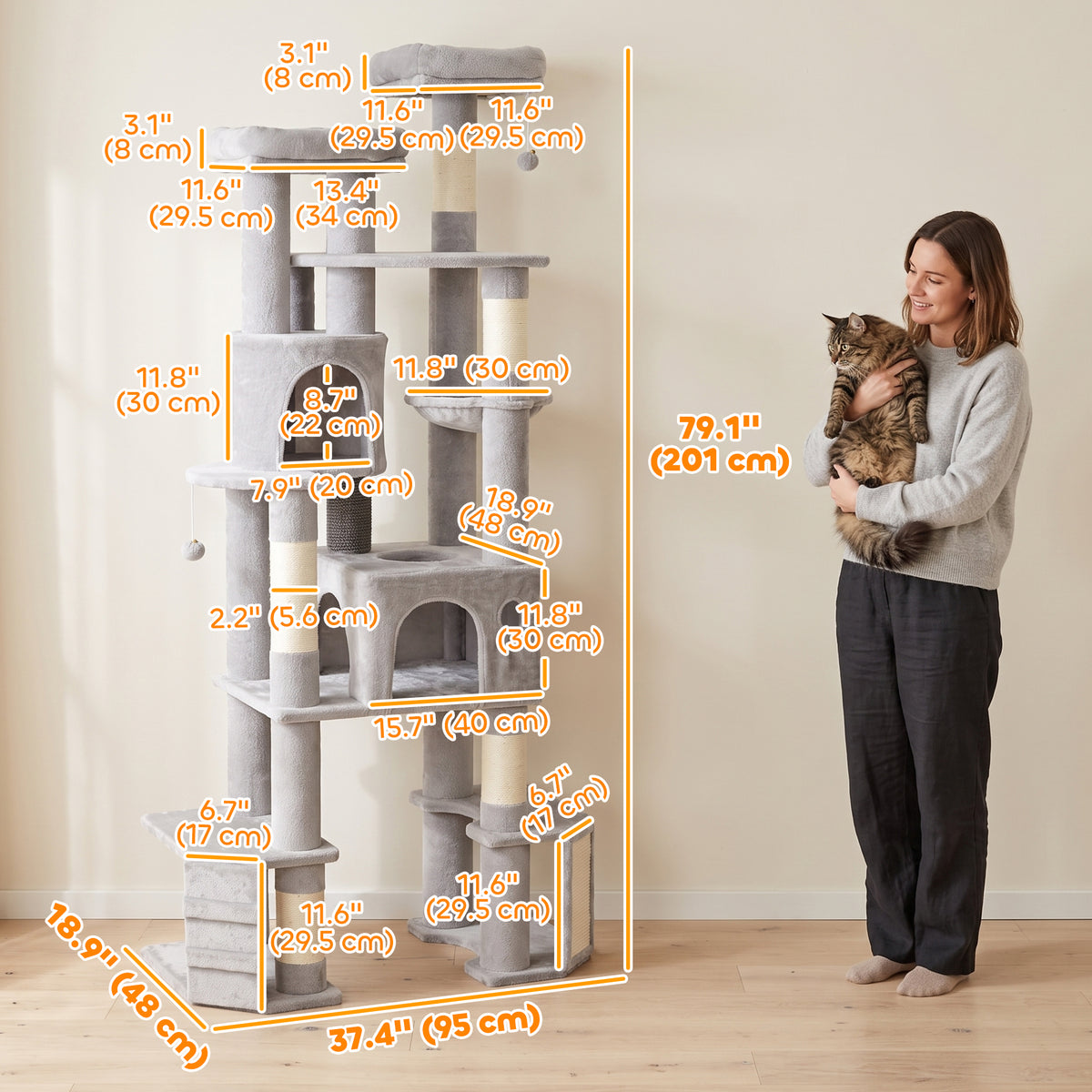 79" Tall Cat Tree for Large Cats - 5-Tier Tower with 2 Condos Grey-Cats-DECOROLALA