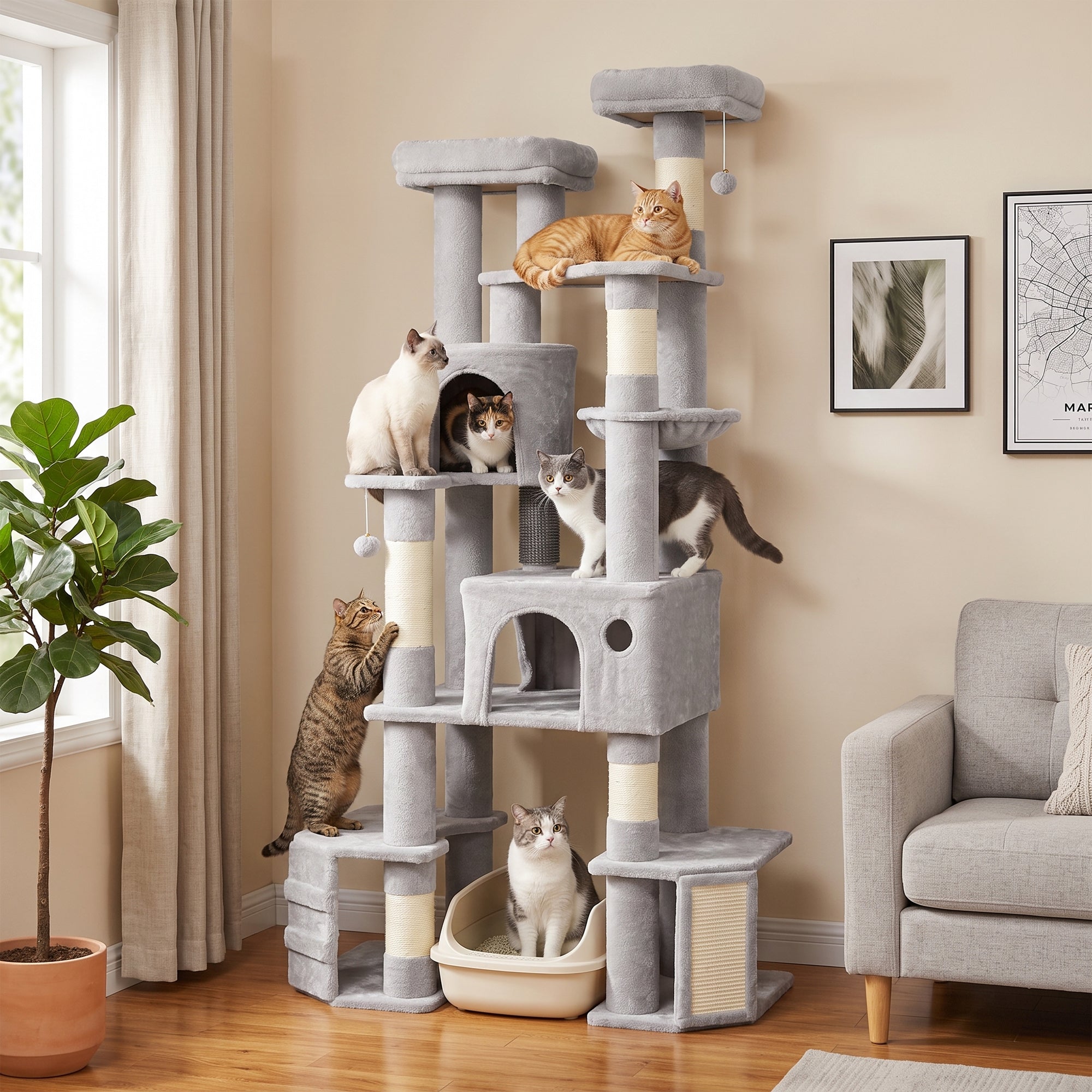 79" Tall Cat Tree for Large Cats - 5-Tier Tower with 2 Condos Grey-Cats-DECOROLALA