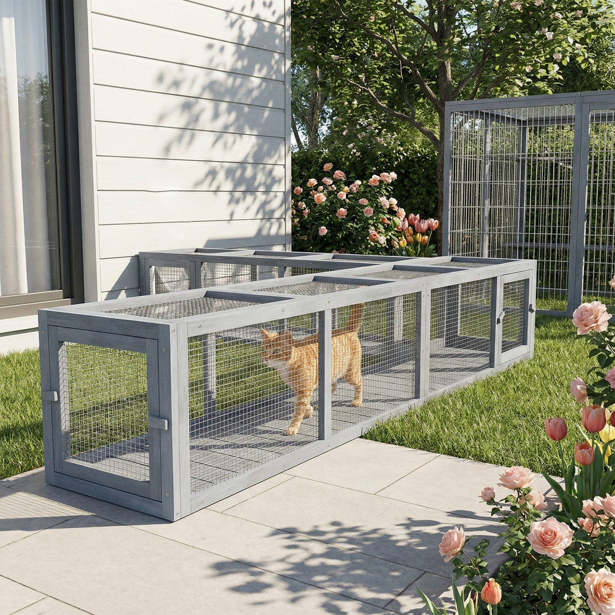 79" Wooden Cat Tunnel - L-Shape Extendable Outdoor Shelter, Grey-Cat Supplies-DECOROLALA