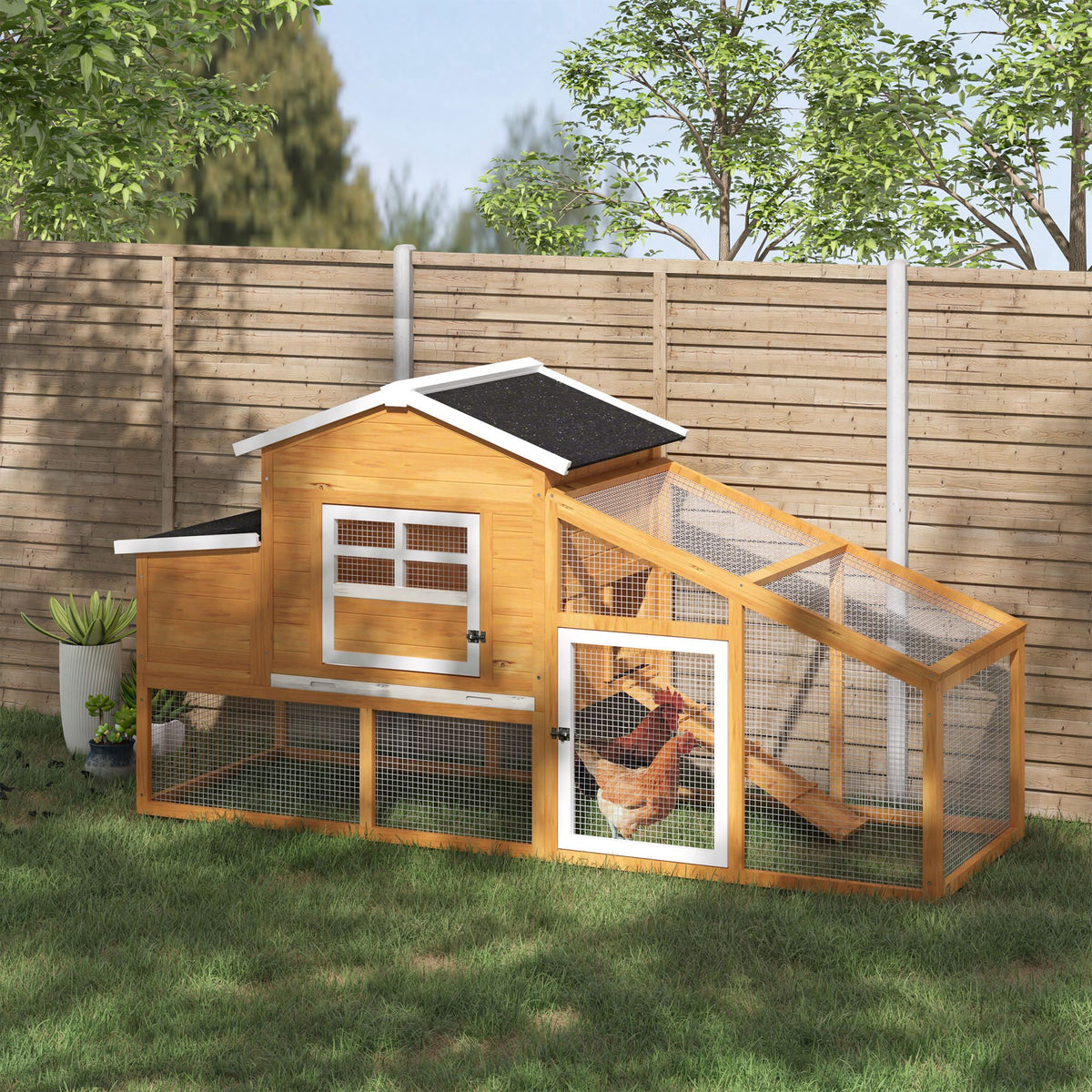 79" Wooden Chicken Coop with Nesting Box and Run - Brown-Small Animals-DECOROLALA