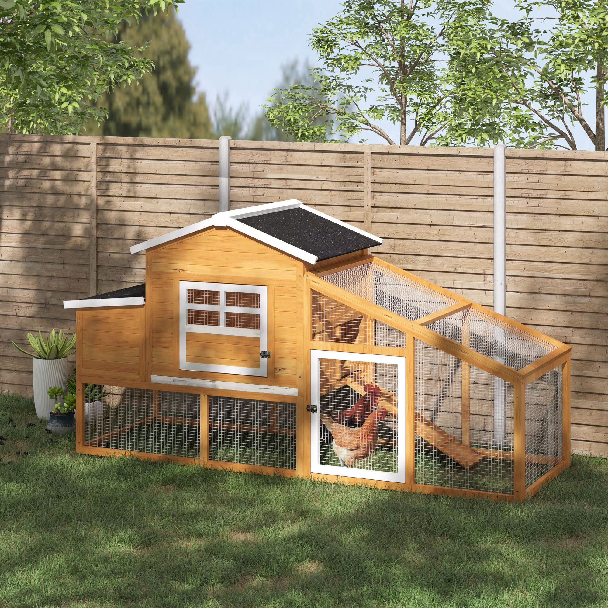 79" Wooden Chicken Coop with Nesting Box and Run - Brown-Small Animals-DECOROLALA