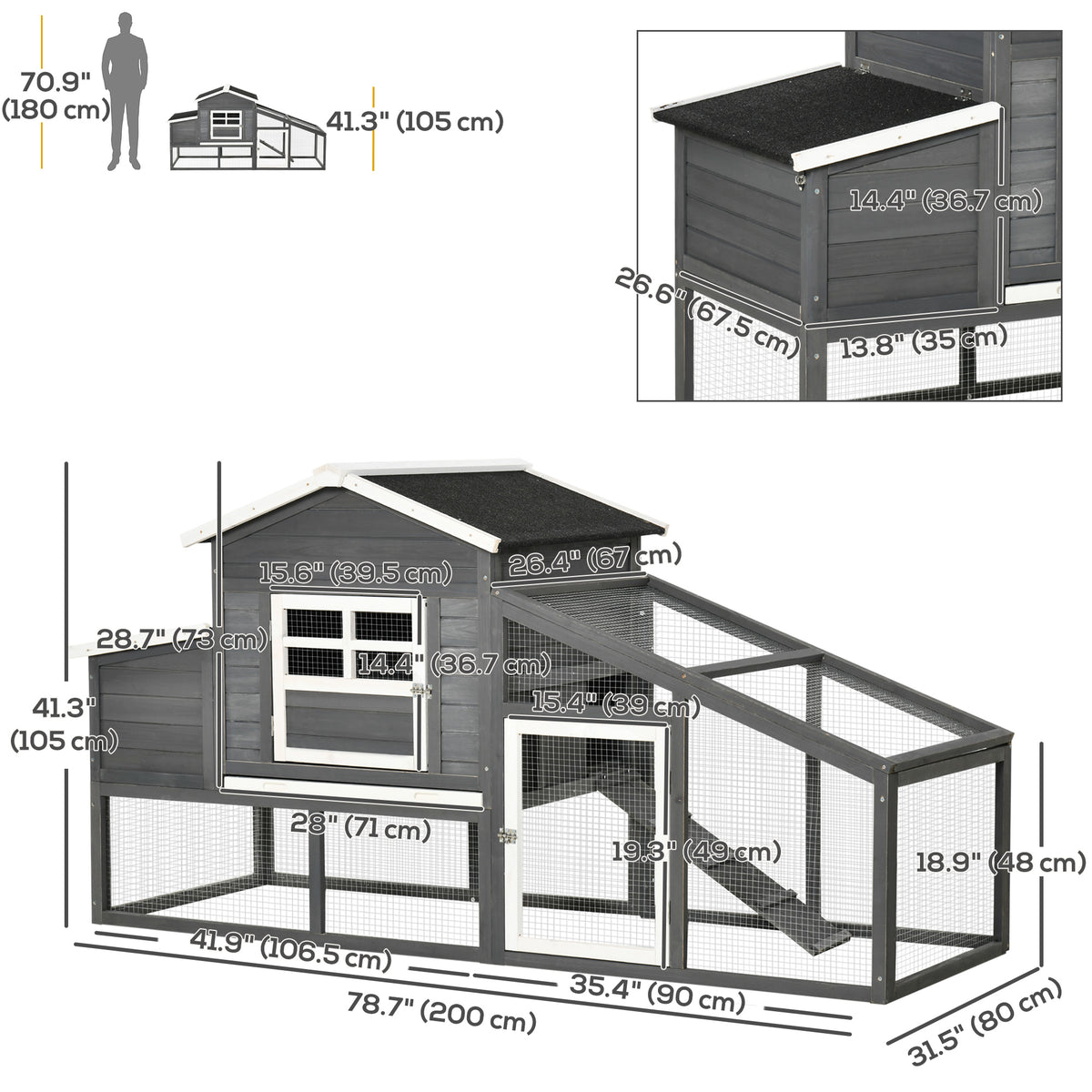 79" Wooden Chicken Coop with Nesting Box and Run - Grey-Small Animals-DECOROLALA