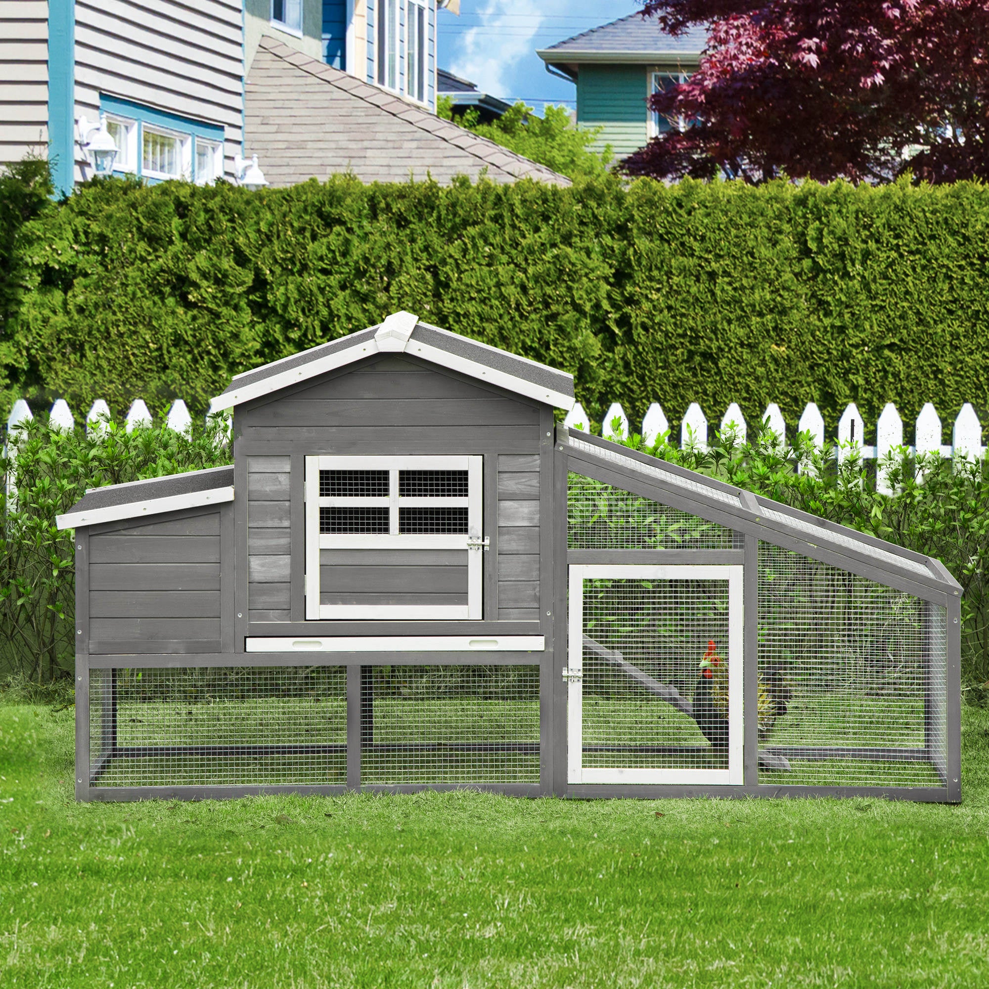 79" Wooden Chicken Coop with Nesting Box and Run - Grey-Small Animals-DECOROLALA
