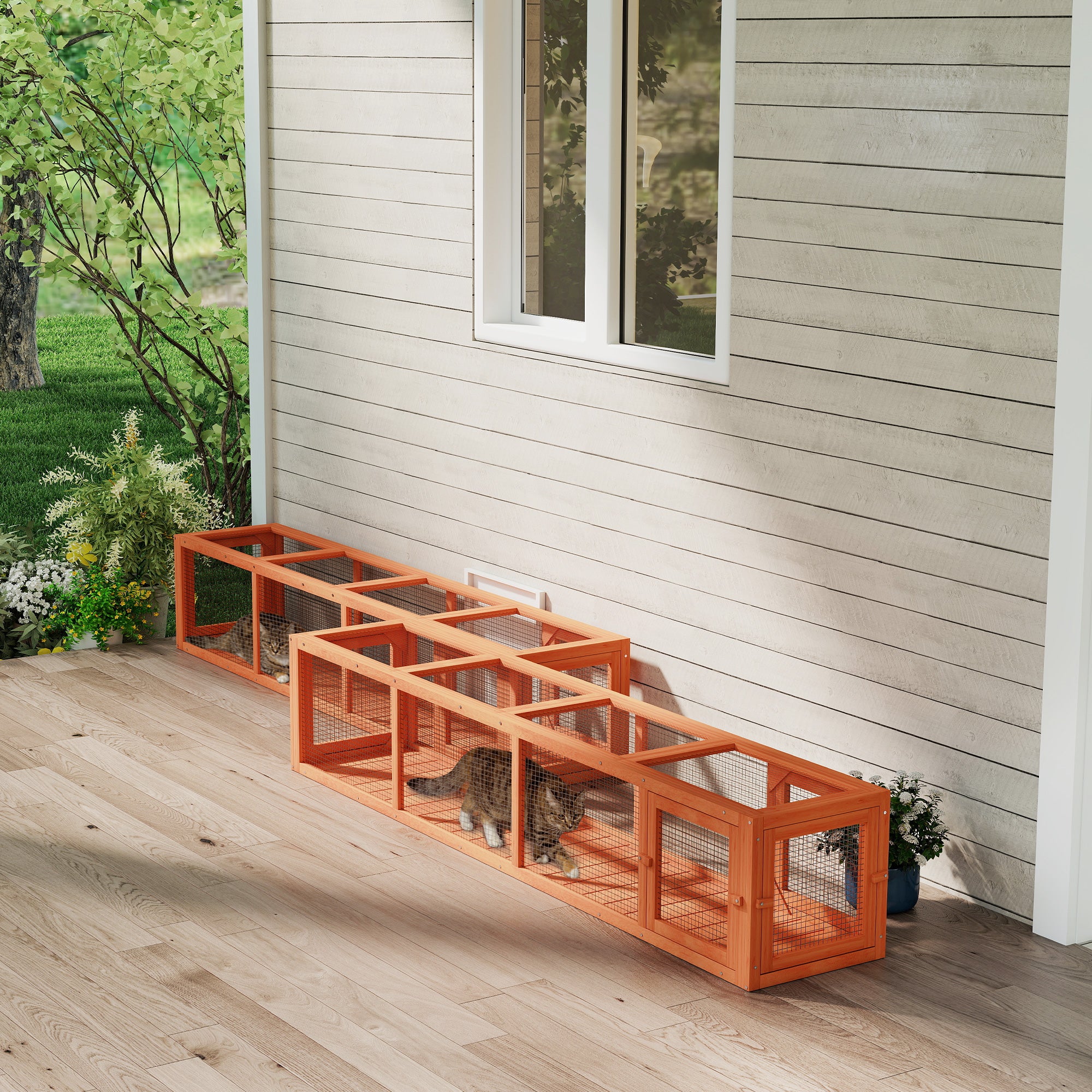 79" Wooden Outdoor Cat Tunnel - Orange Extendable Enclosure-Cats-DECOROLALA