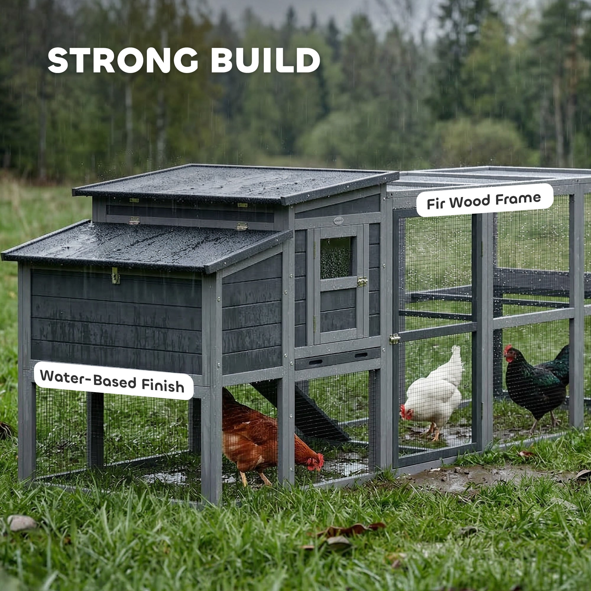 Large Chicken Coop, Wooden Hen House with Covered Run, Nesting Box, Pull-Out Tray, Opening Asphalt Roof