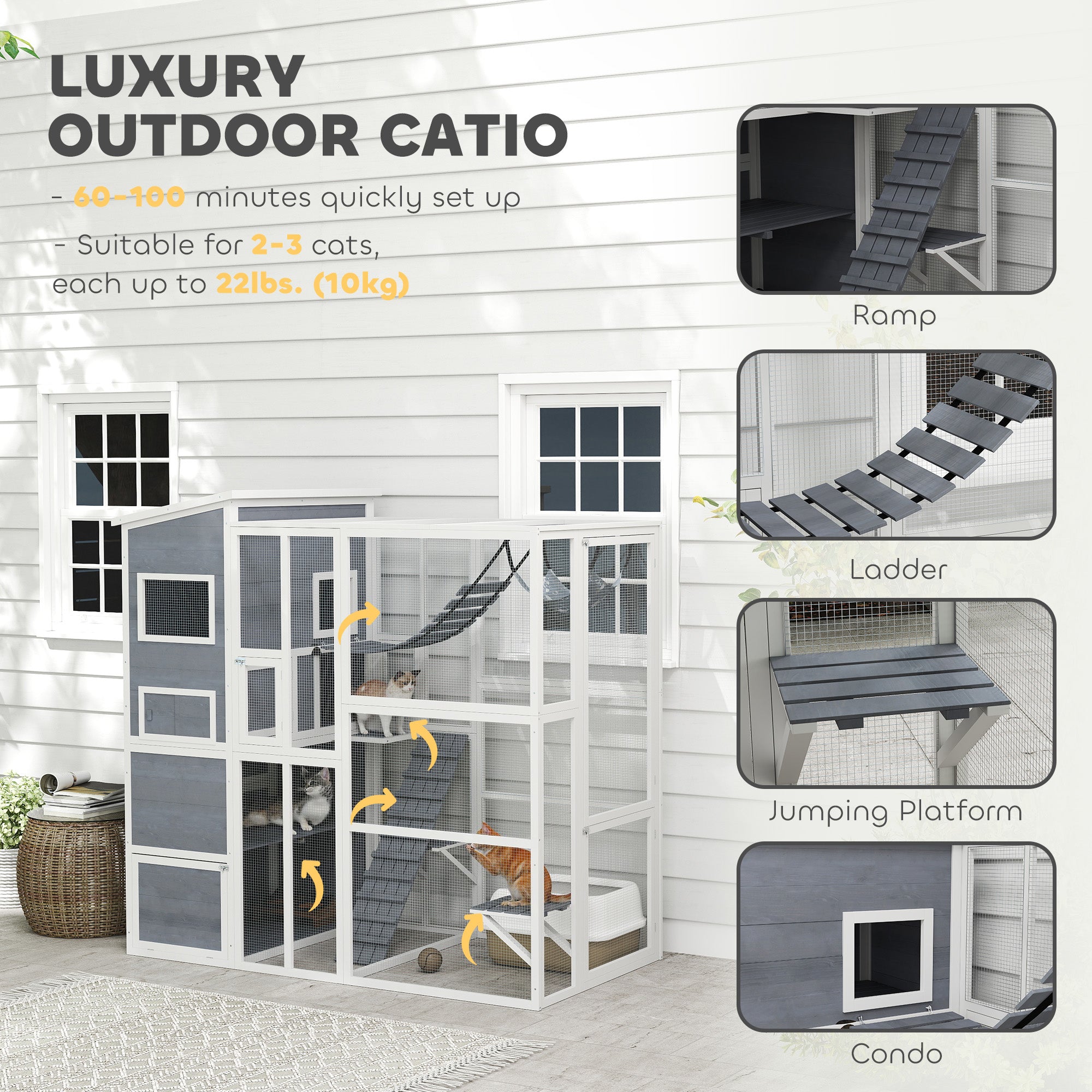 76" Catio Outdoor Cat Enclosure with Cat Condo, Jumping Platforms, Ladder, Ramps, Hammock for 2-3 Indoor Cats, Grey