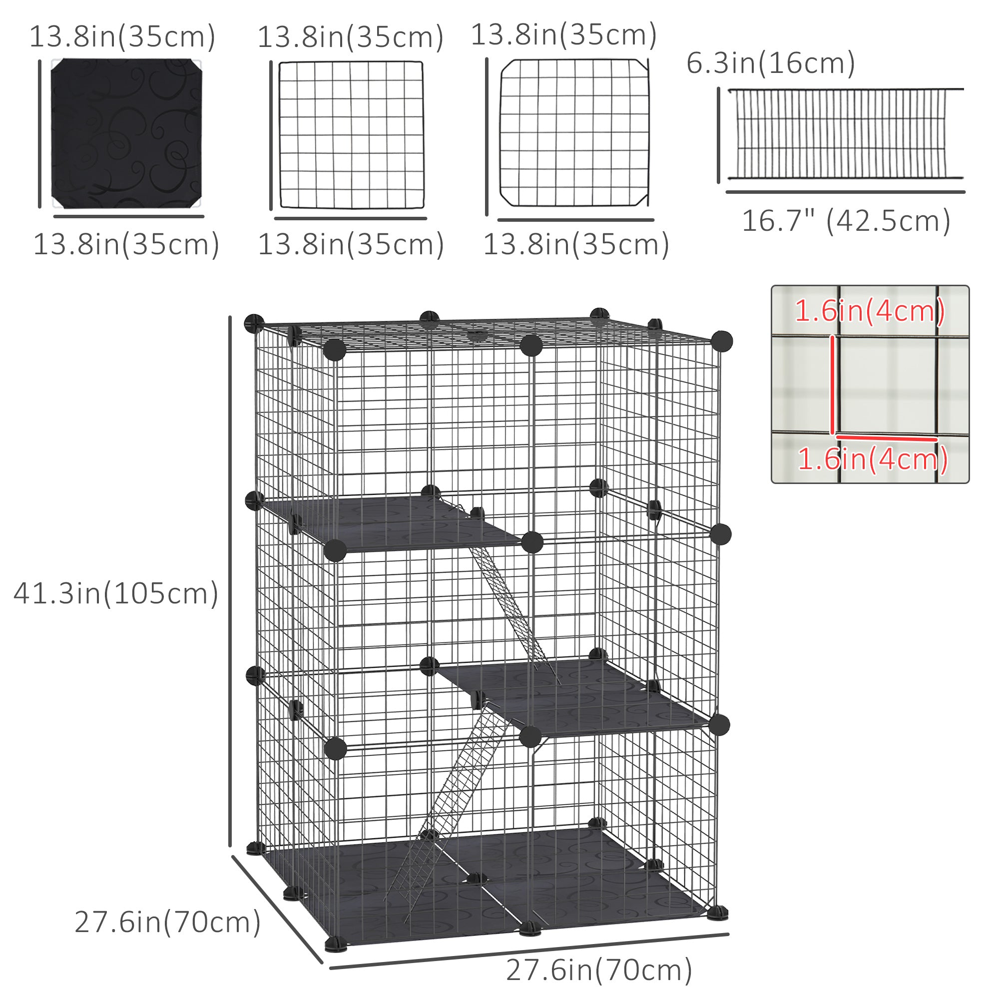Cage pour petits animaux, 39 pièces, clapier à lapin portable en fil métallique avec rampes, pour chaton et chinchilla, noir
