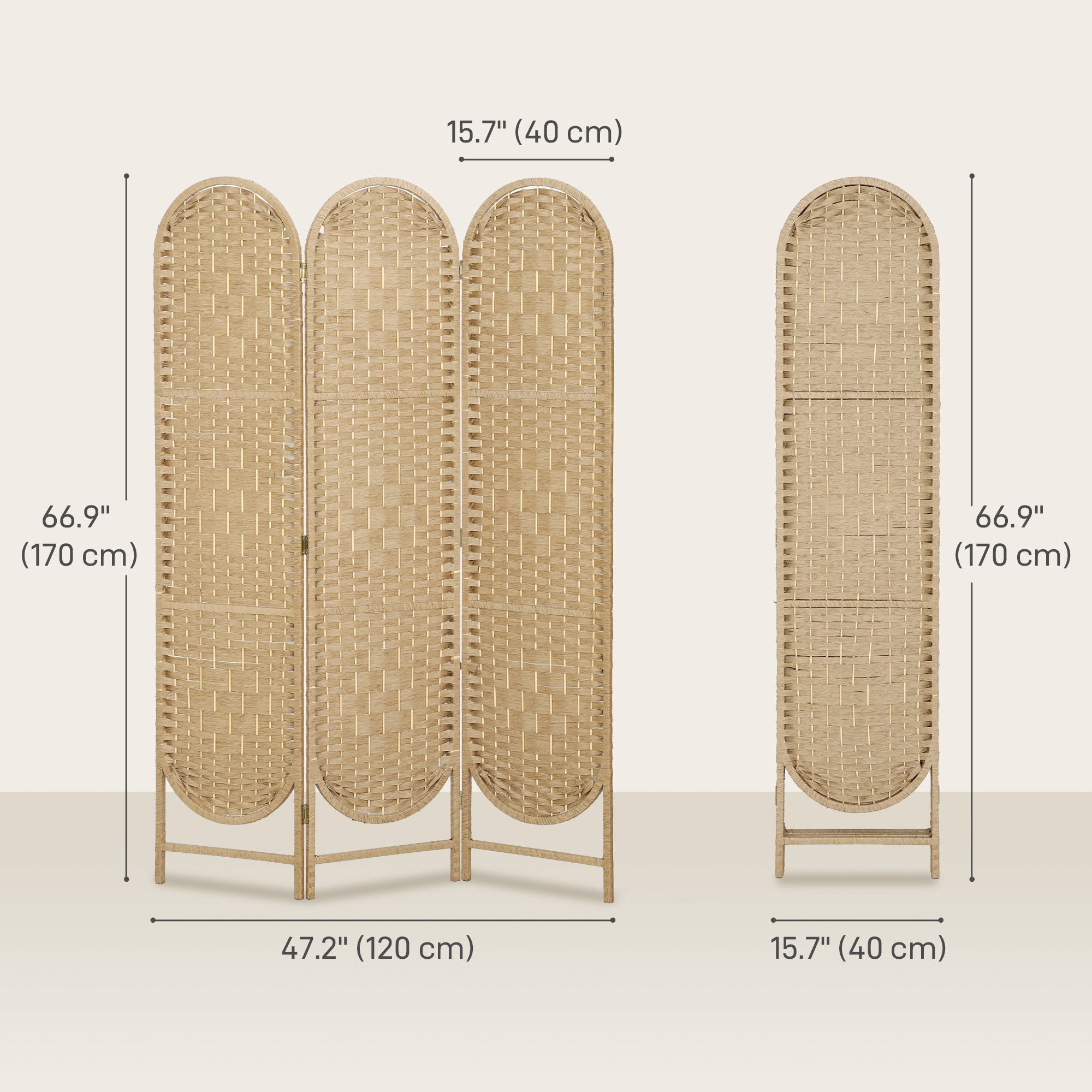 Paravent bohème, séparateur de pièce pliable à 3 panneaux avec partie supérieure arquée pour chambre, salon ou bureau, en bois naturel
