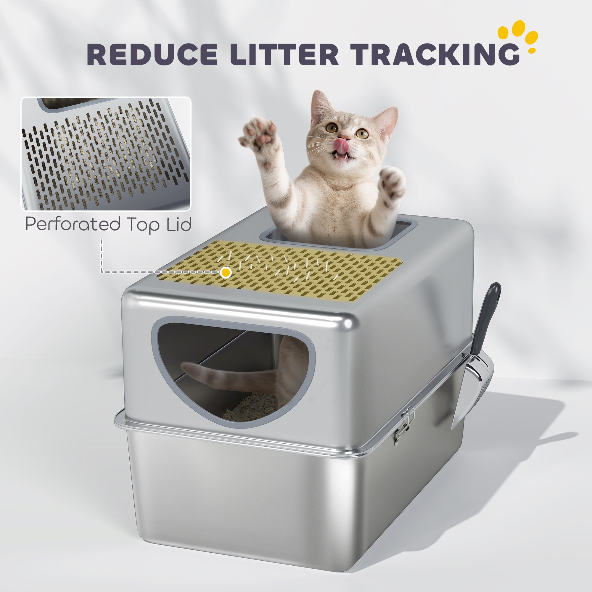 Stainless Steel Cat Litter Box with Lid, Extra Large Enclosed Litter Box with Top Litter-Catching Holes, Scoop, Silver