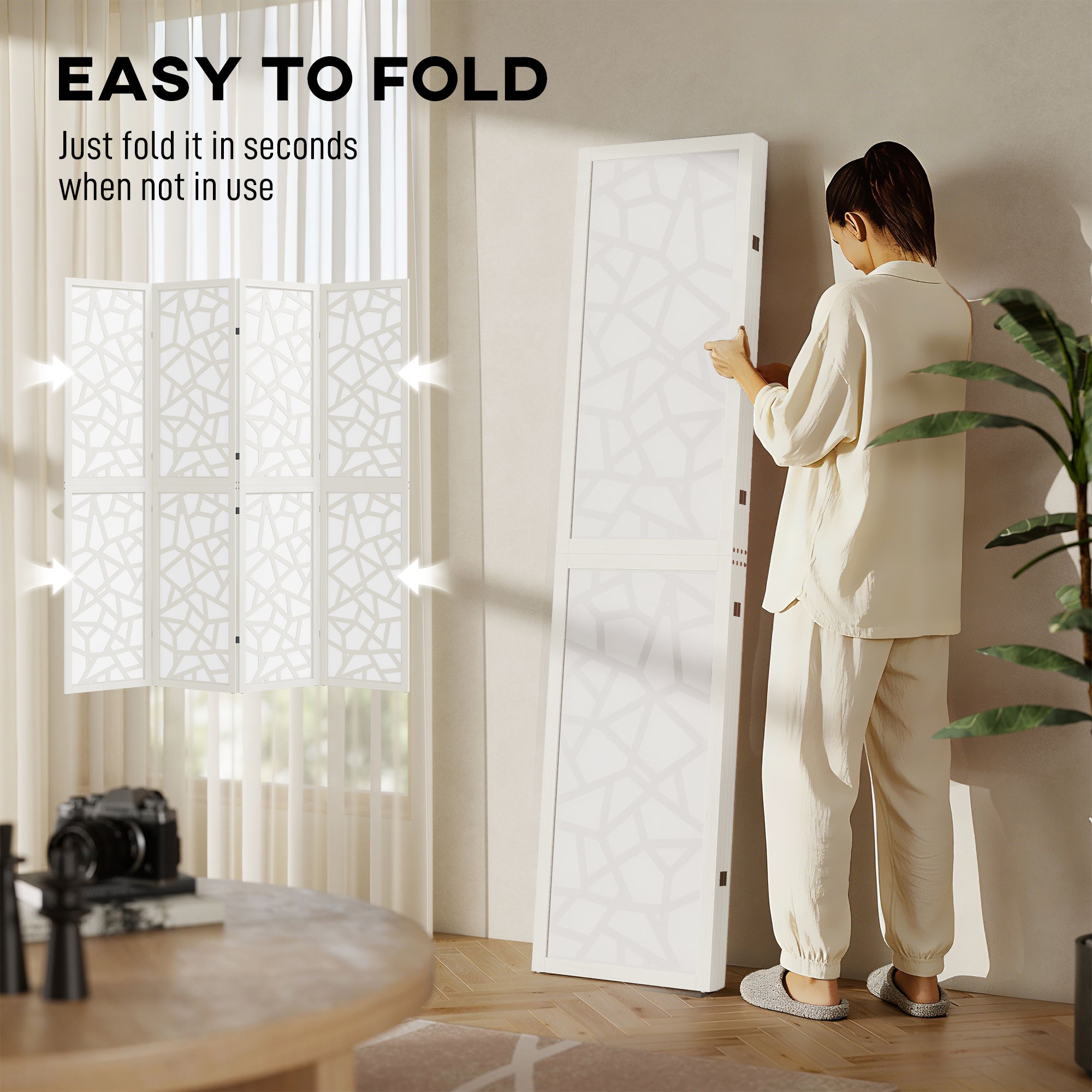 4 Panel Room Divider, 5.6 FT Lightweight Folding Privacy Screen with Geometric Pattern for Living Room, Bedroom, White