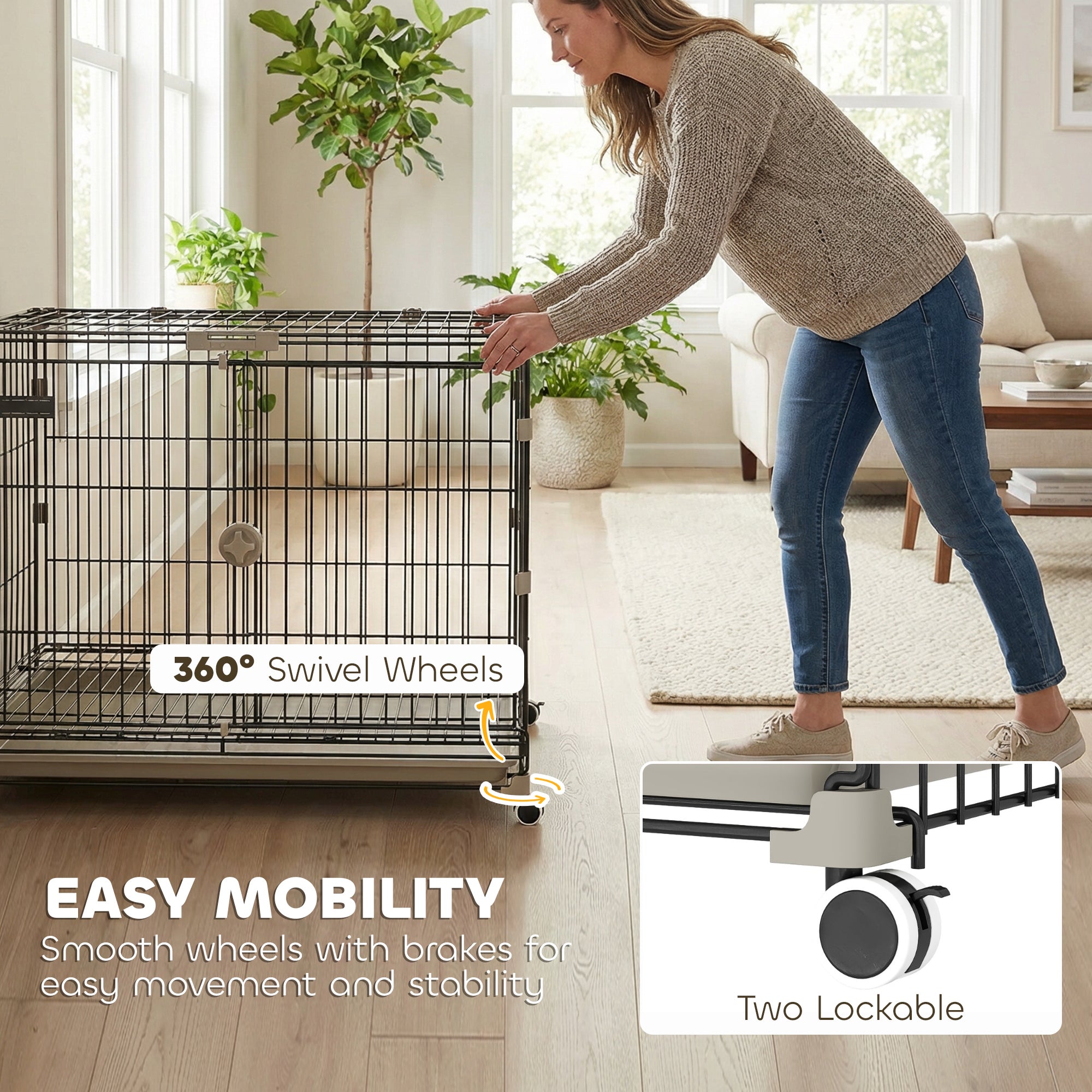 Dog Crate, 30 Inch Metal Dog Cage with Removable Tray, Lockable Wheels, 2 Doors for Small Medium Breeds, Black
