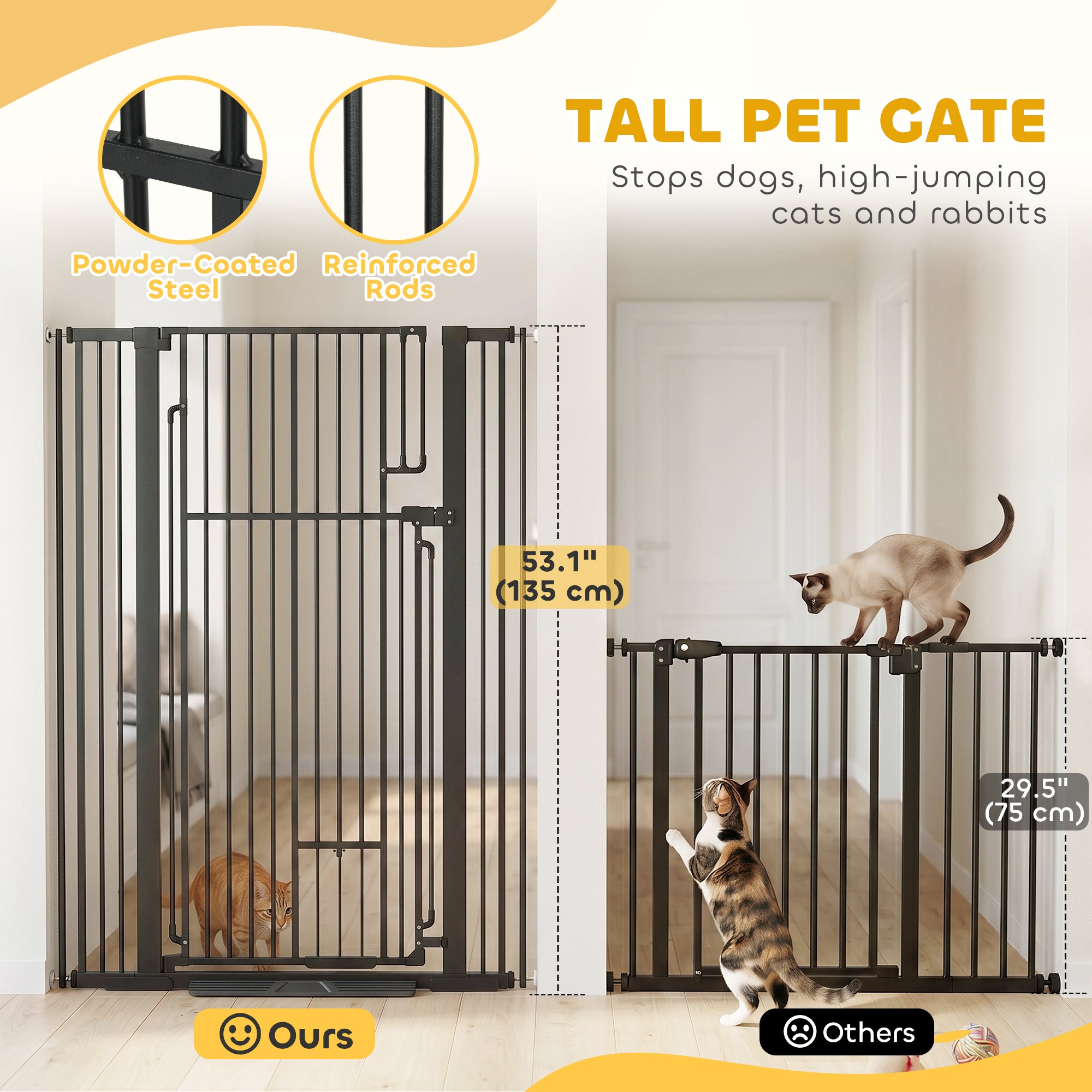 53.1" Tall Dog Gate with Cat Door, 32"-42.5" Wide Adjustable Pressure Mounted for Doorways, Hallways, No Drilling, Black