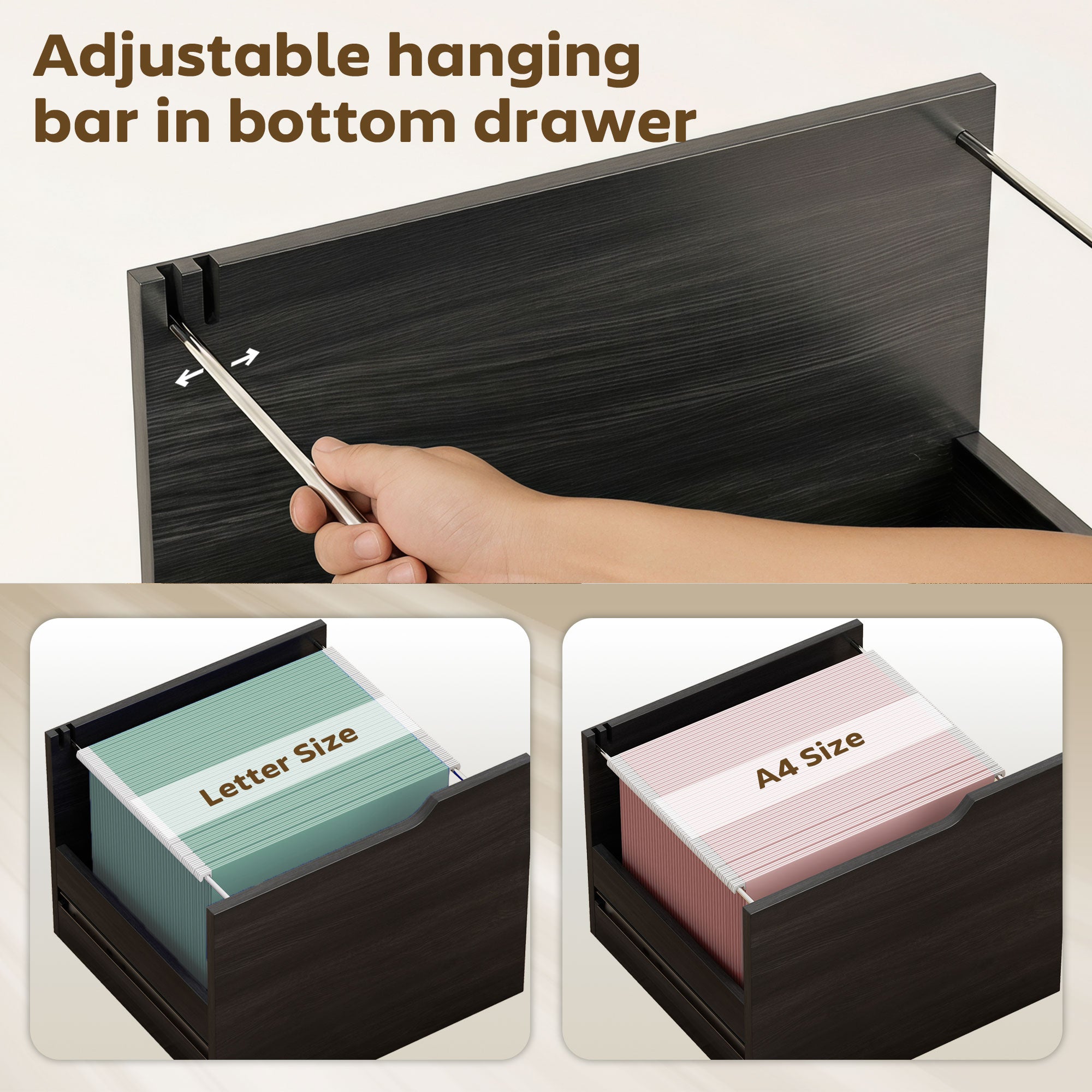 3-Drawer Filing Cabinet with Adjustable Shelf - Black Wood Grain
