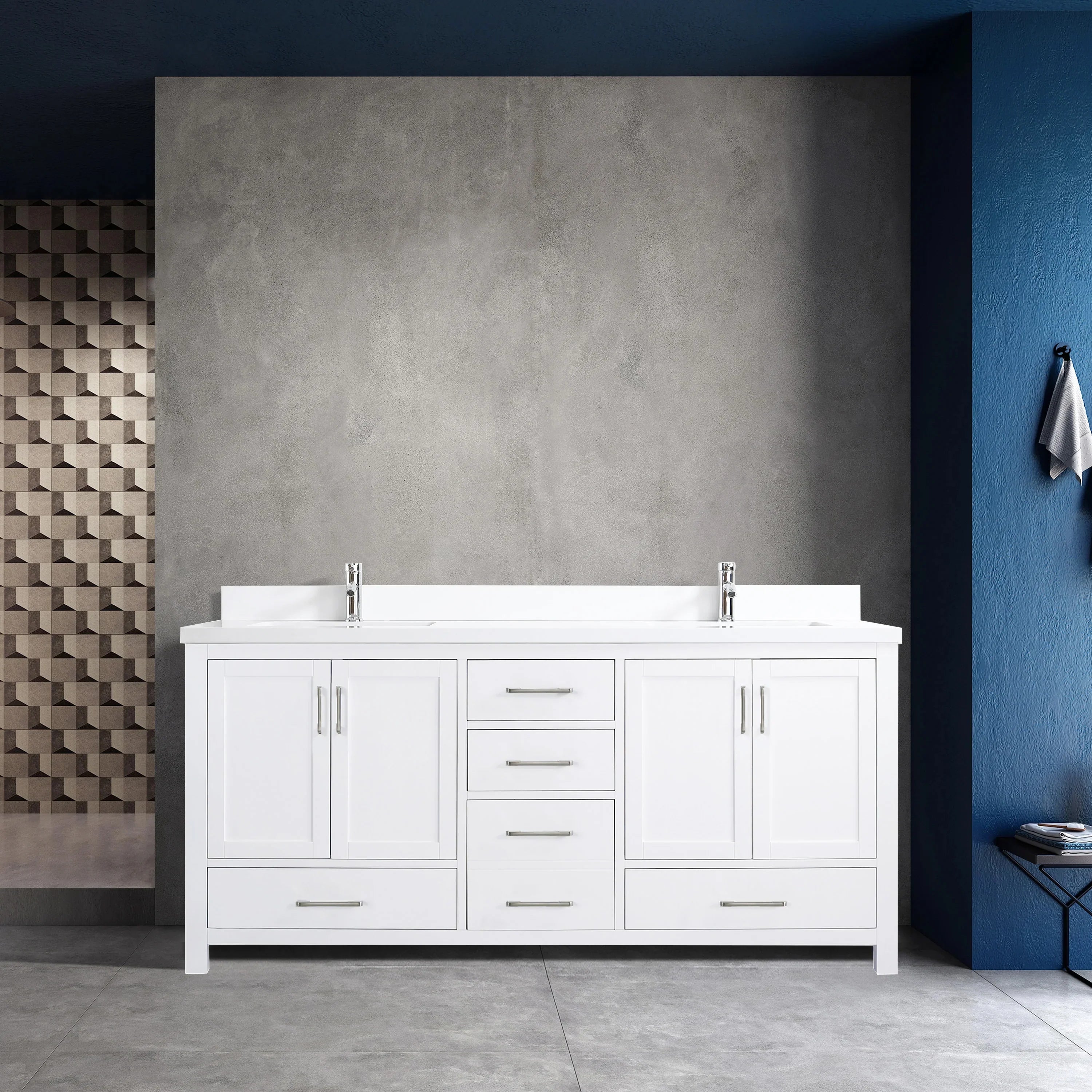 72" White Freestanding Double Sink Bathroom Vanity with Snow White Quartz Countertop