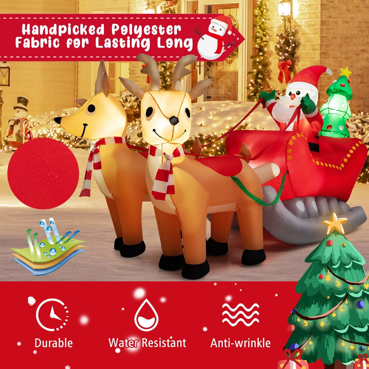 7.2 Feet Long Christmas Inflatable Santa Rides Sled with LED Lights-Christmas Inflatables-DECOROLALA