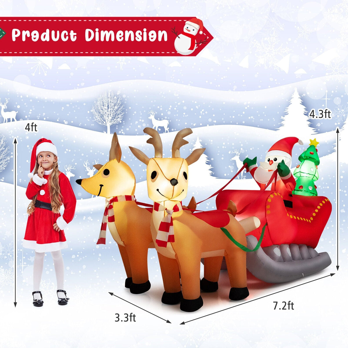 7.2 Feet Long Christmas Inflatable Santa Rides Sled with LED Lights-Christmas Inflatables-DECOROLALA
