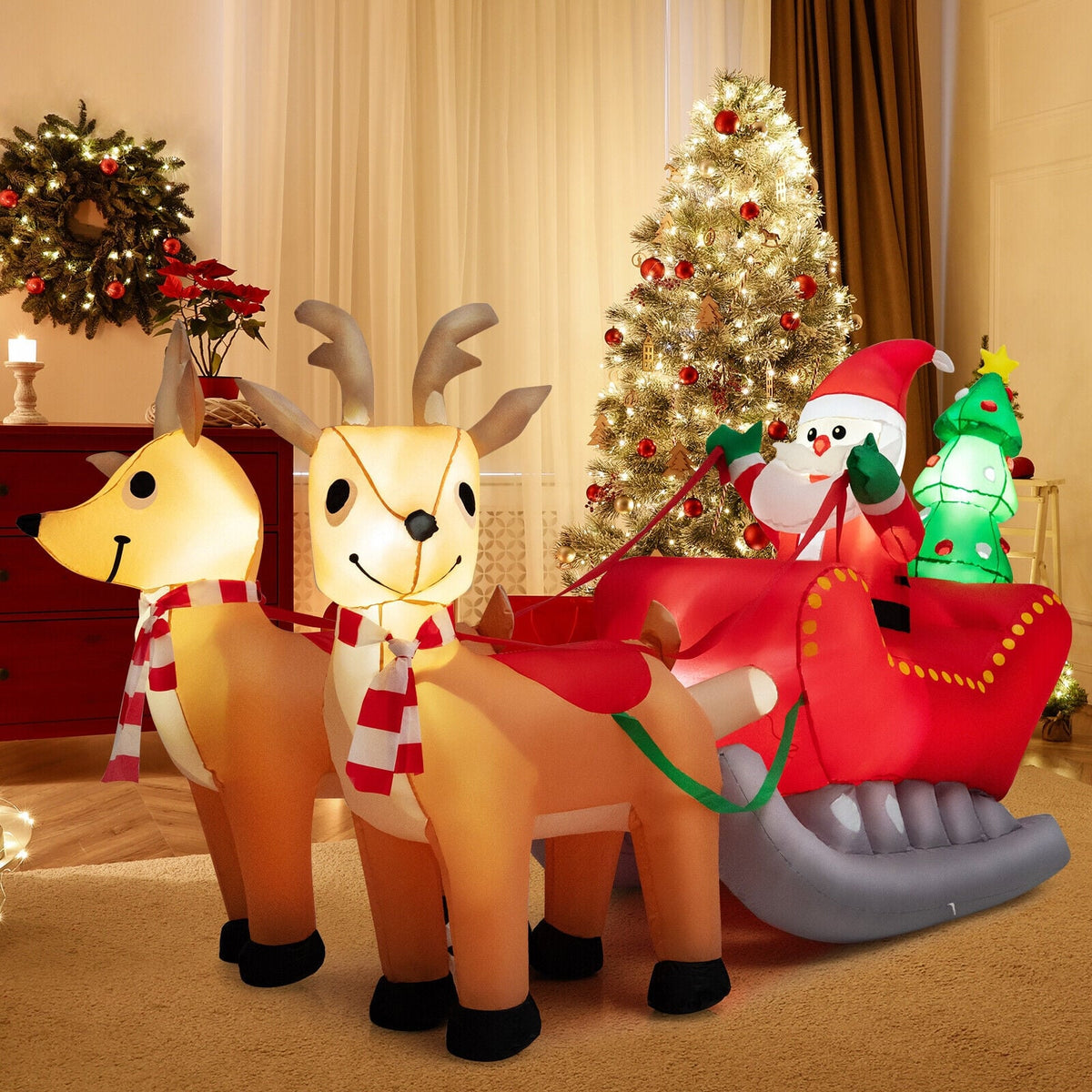 7.2 Feet Long Christmas Inflatable Santa Rides Sled with LED Lights-Christmas Inflatables-DECOROLALA