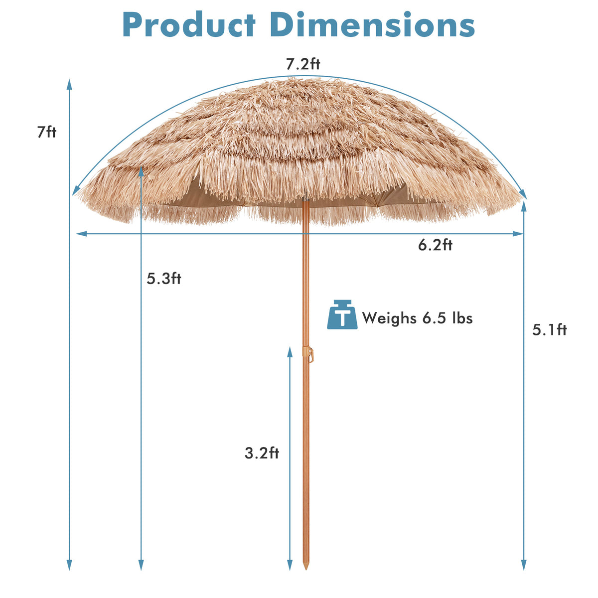 7.2 Feet Patio Thatched Tiki Umbrella Hawaiian Hula Beach Umbrella-Outdoor Umbrellas-DECOROLALA