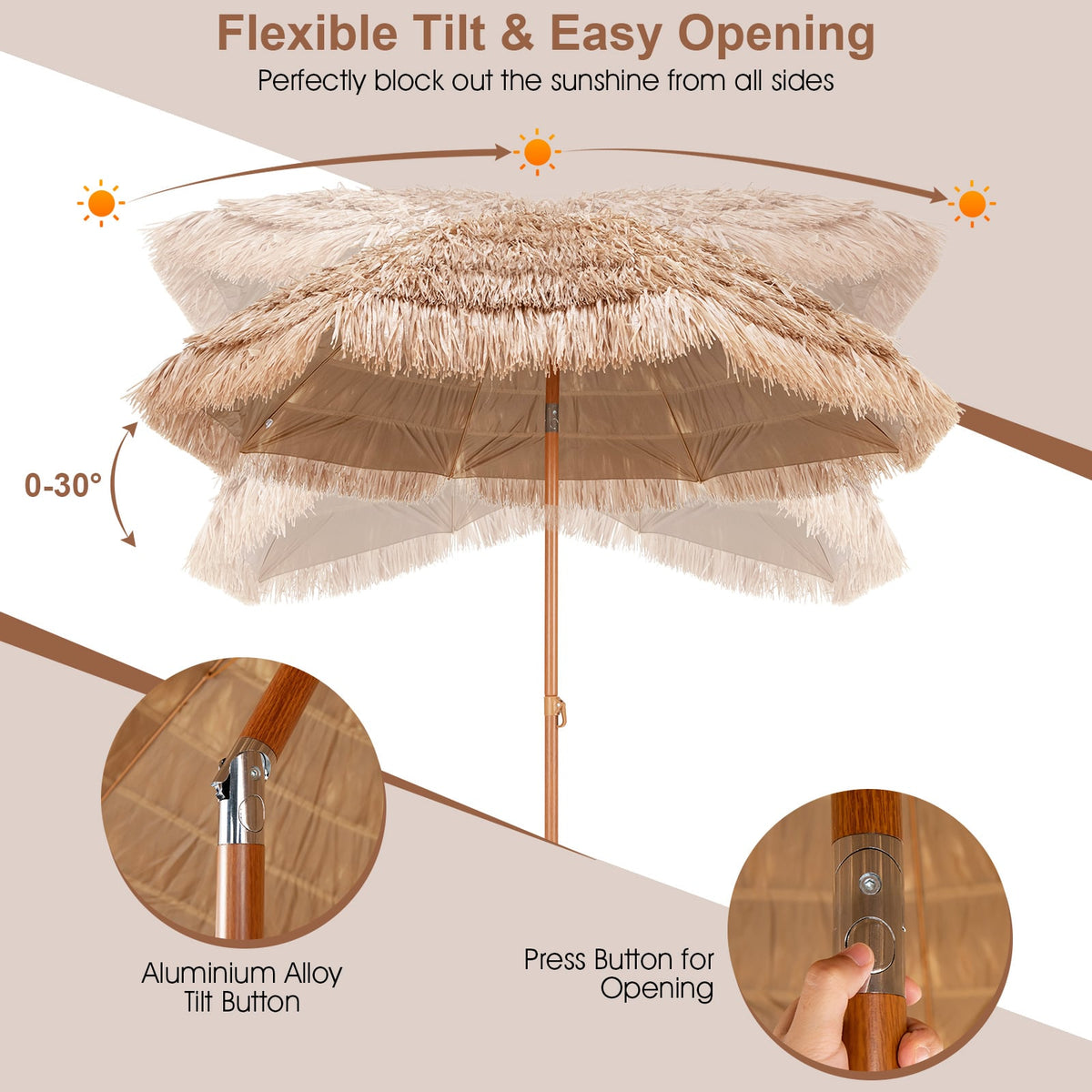 7.2 Feet Patio Thatched Tiki Umbrella Hawaiian Hula Beach Umbrella-Outdoor Umbrellas-DECOROLALA