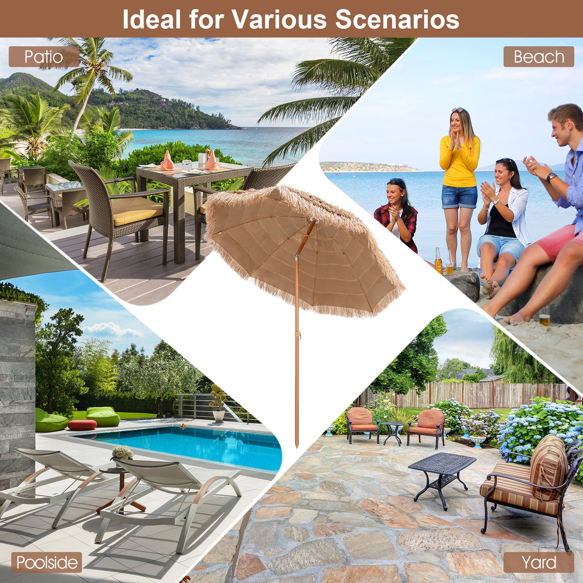 7.2 Feet Patio Thatched Tiki Umbrella Hawaiian Hula Beach Umbrella-Outdoor Umbrellas-DECOROLALA