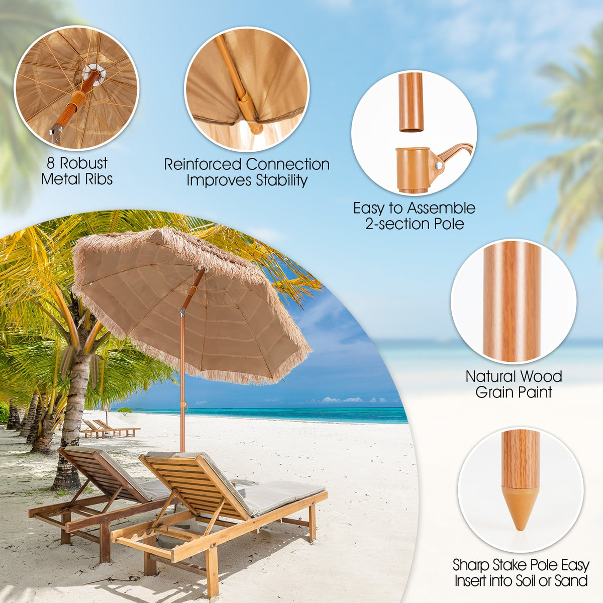 7.2 Feet Patio Thatched Tiki Umbrella Hawaiian Hula Beach Umbrella-Outdoor Umbrellas-DECOROLALA