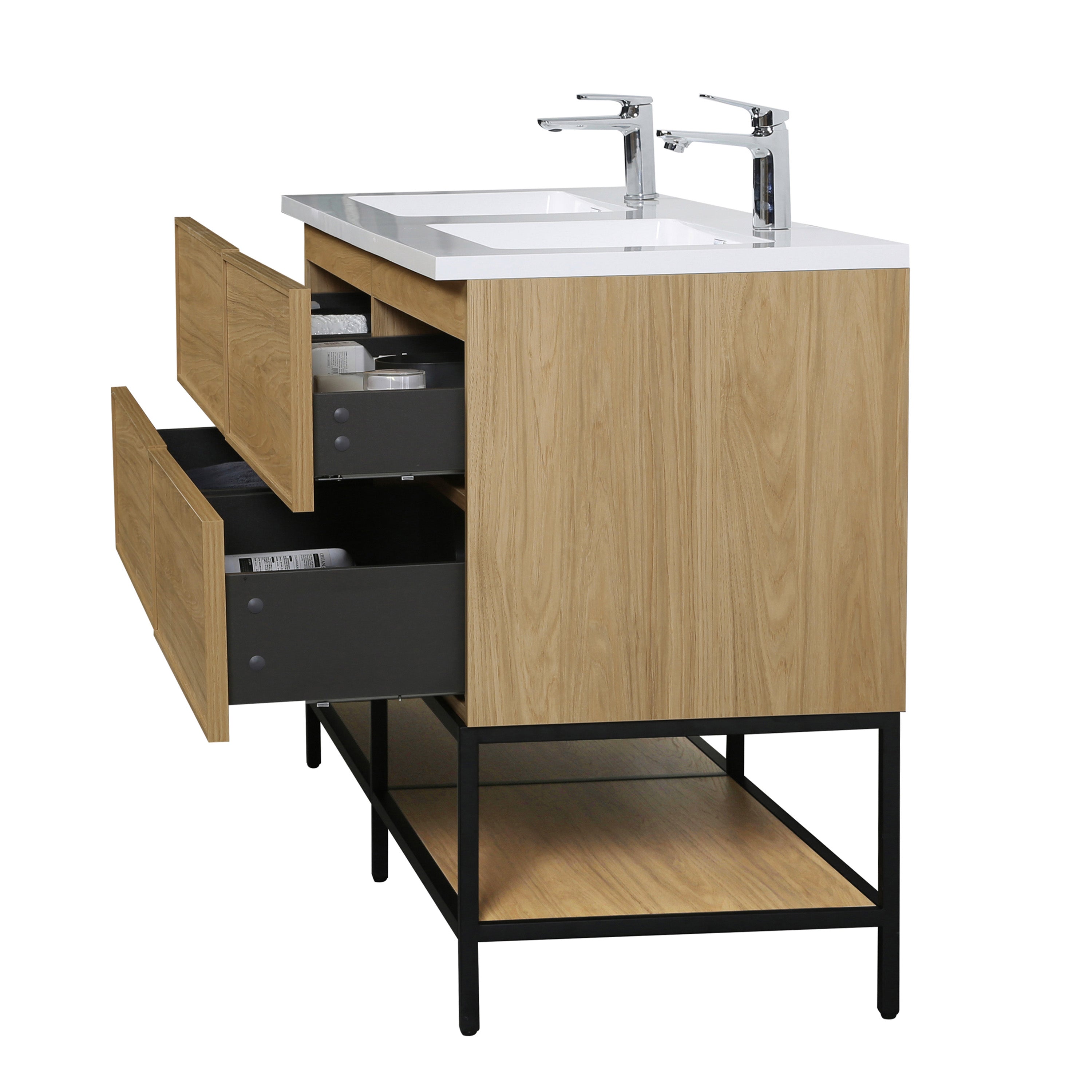 60" Sunset Walnut Wall Mount Double Sink Bathroom Vanity with White Polymarble Countertop