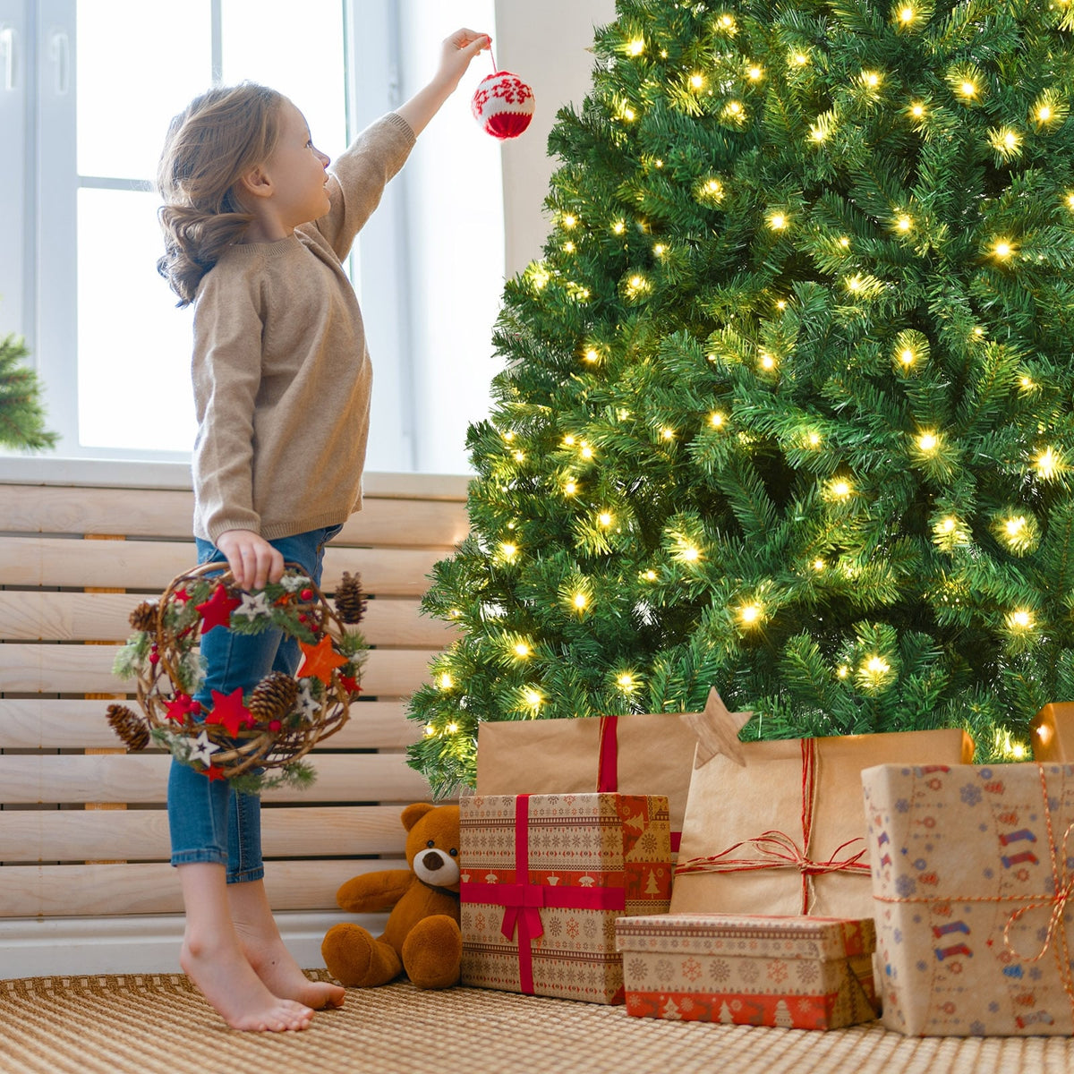 7.5 Feet PVC Artificial Christmas Tree with LED Lights-7.5 ft-Christmas Trees-DECOROLALA
