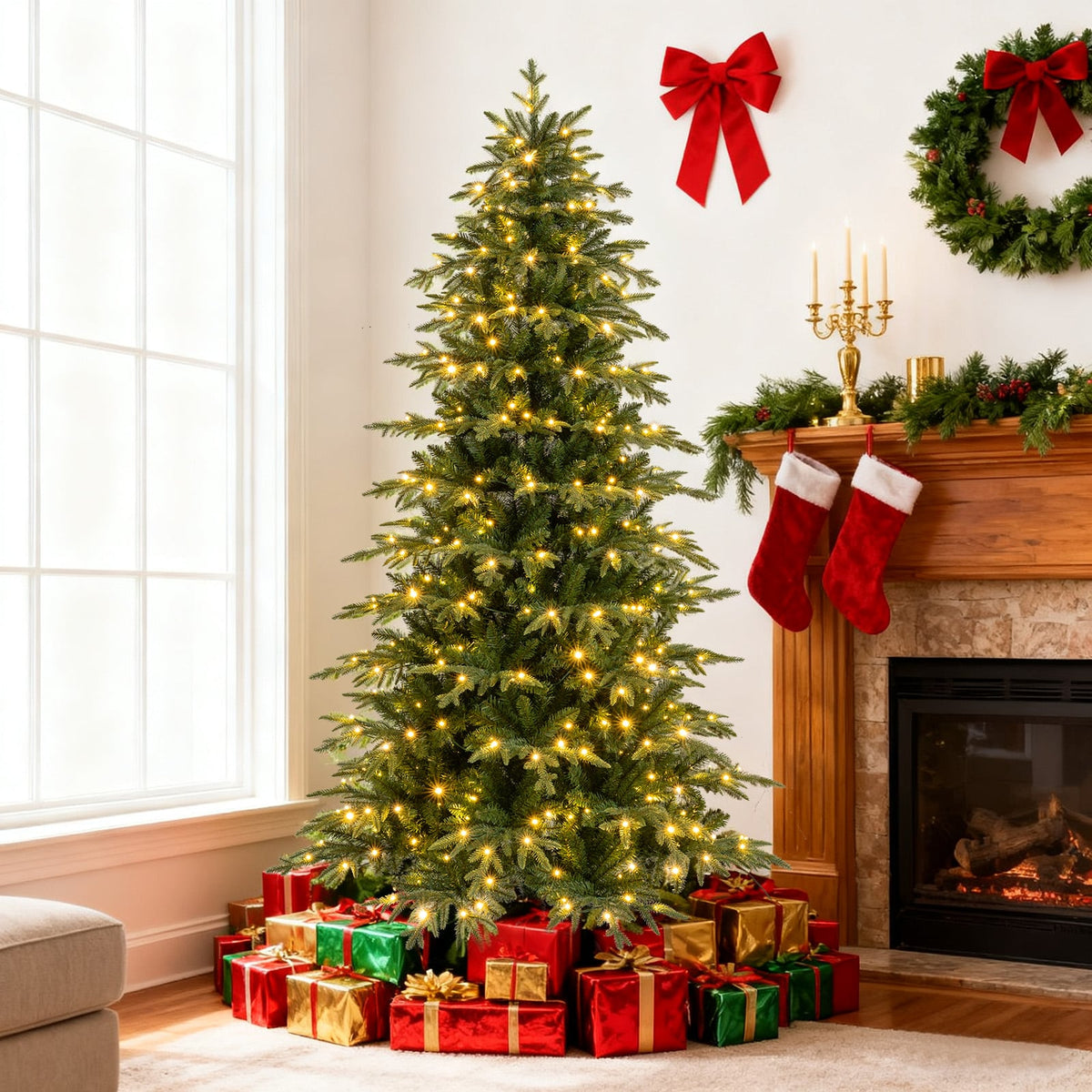 7.5 Feet Pre-Lit Artificial Christmas Tree Hinged Xmas Tree with LED Lights-Christmas Trees-DECOROLALA