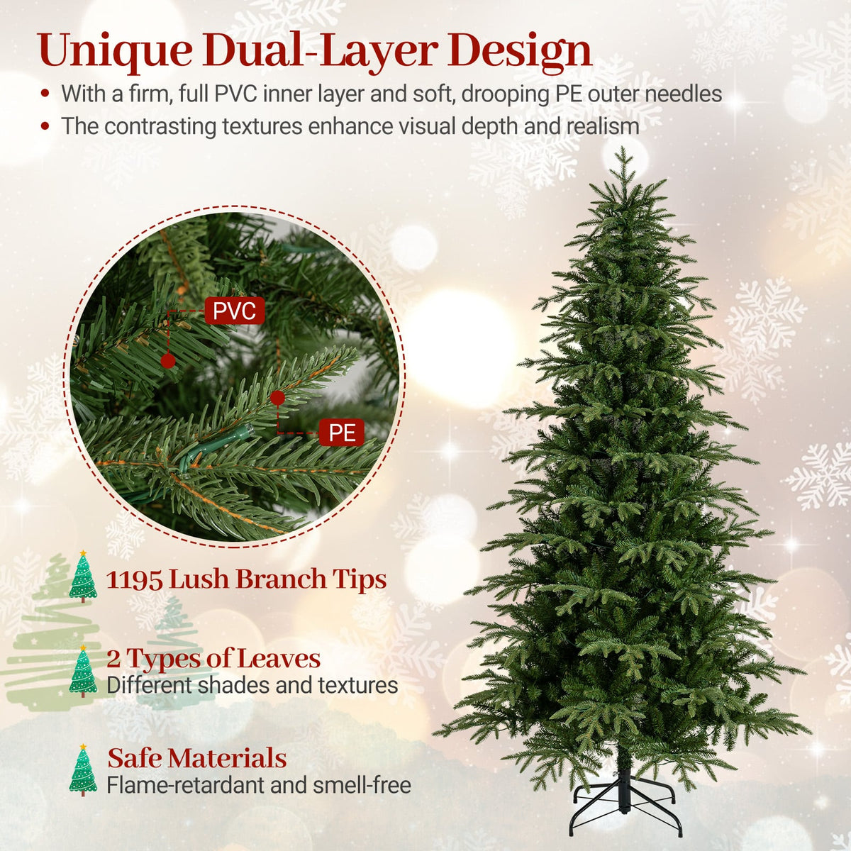 7.5 Feet Pre-Lit Artificial Christmas Tree Hinged Xmas Tree with LED Lights-Christmas Trees-DECOROLALA
