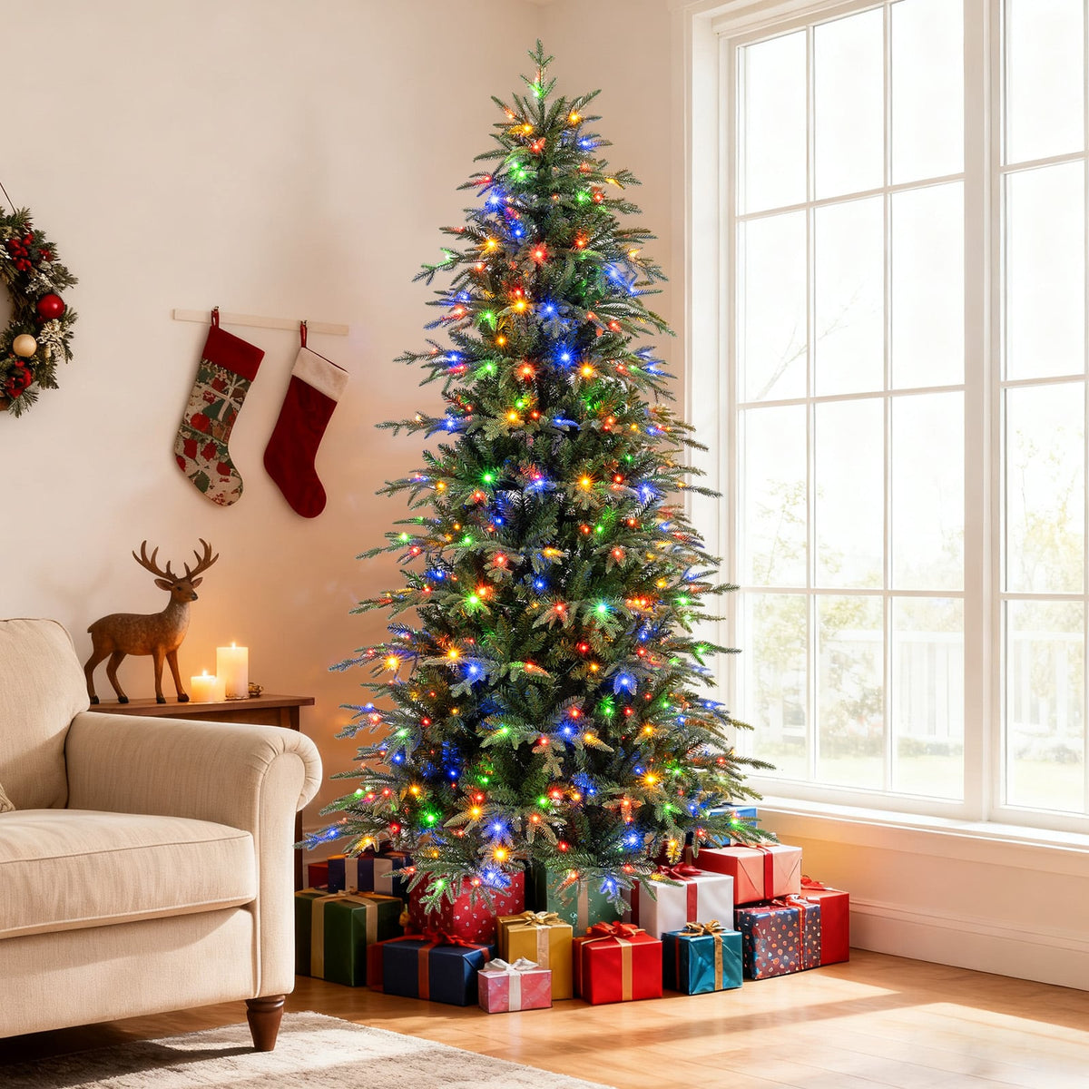 7.5 Feet Pre-Lit Artificial Christmas Tree Hinged Xmas Tree with LED Lights-Christmas Trees-DECOROLALA