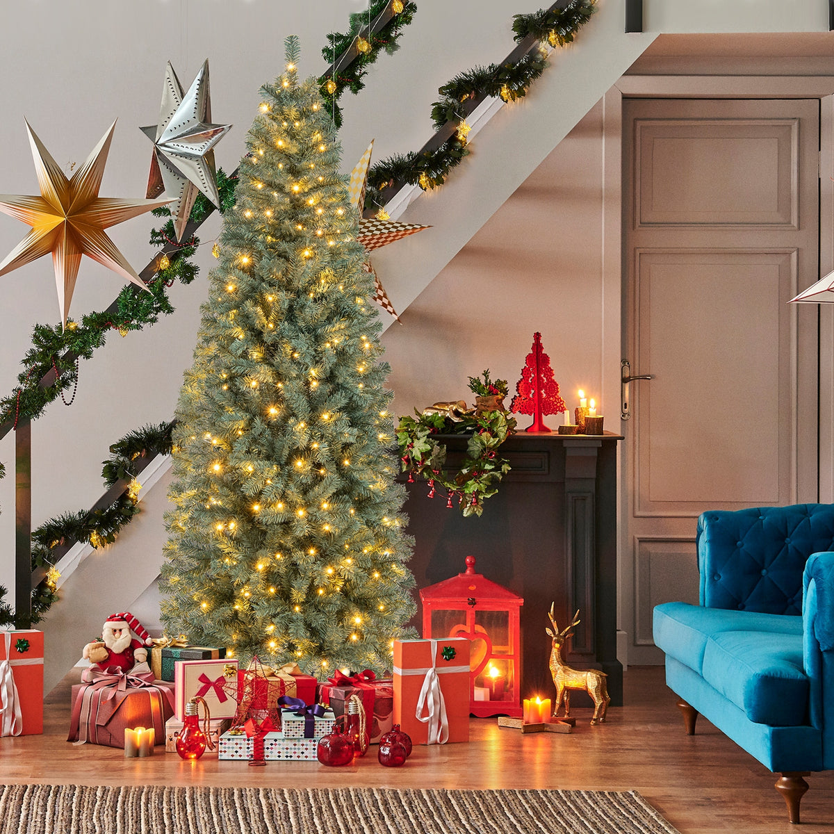 7.5 Feet Pre-Lit Blue Artificial Christmas Tree Slim with 9 Lighting Modes-7.5 ft-Christmas Trees-DECOROLALA
