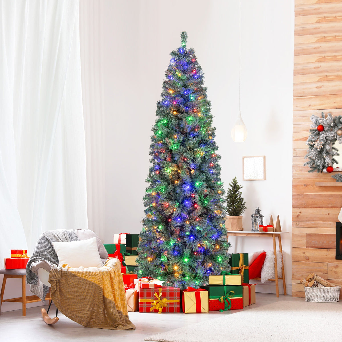 7.5 Feet Pre-Lit Blue Artificial Christmas Tree Slim with 9 Lighting Modes-7.5 ft-Christmas Trees-DECOROLALA