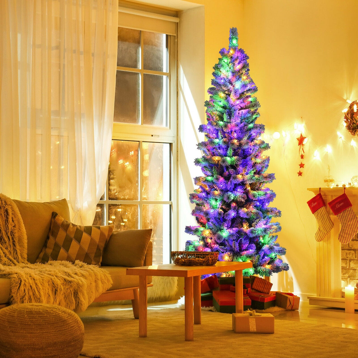 7.5 Feet Pre-Lit Hinged Christmas Tree Snow Flocked with 9 Modes Lights-Christmas Trees-DECOROLALA