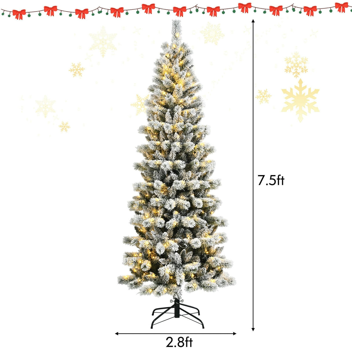 7.5 Feet Pre-Lit Hinged Christmas Tree Snow Flocked with 9 Modes Lights-Christmas Trees-DECOROLALA
