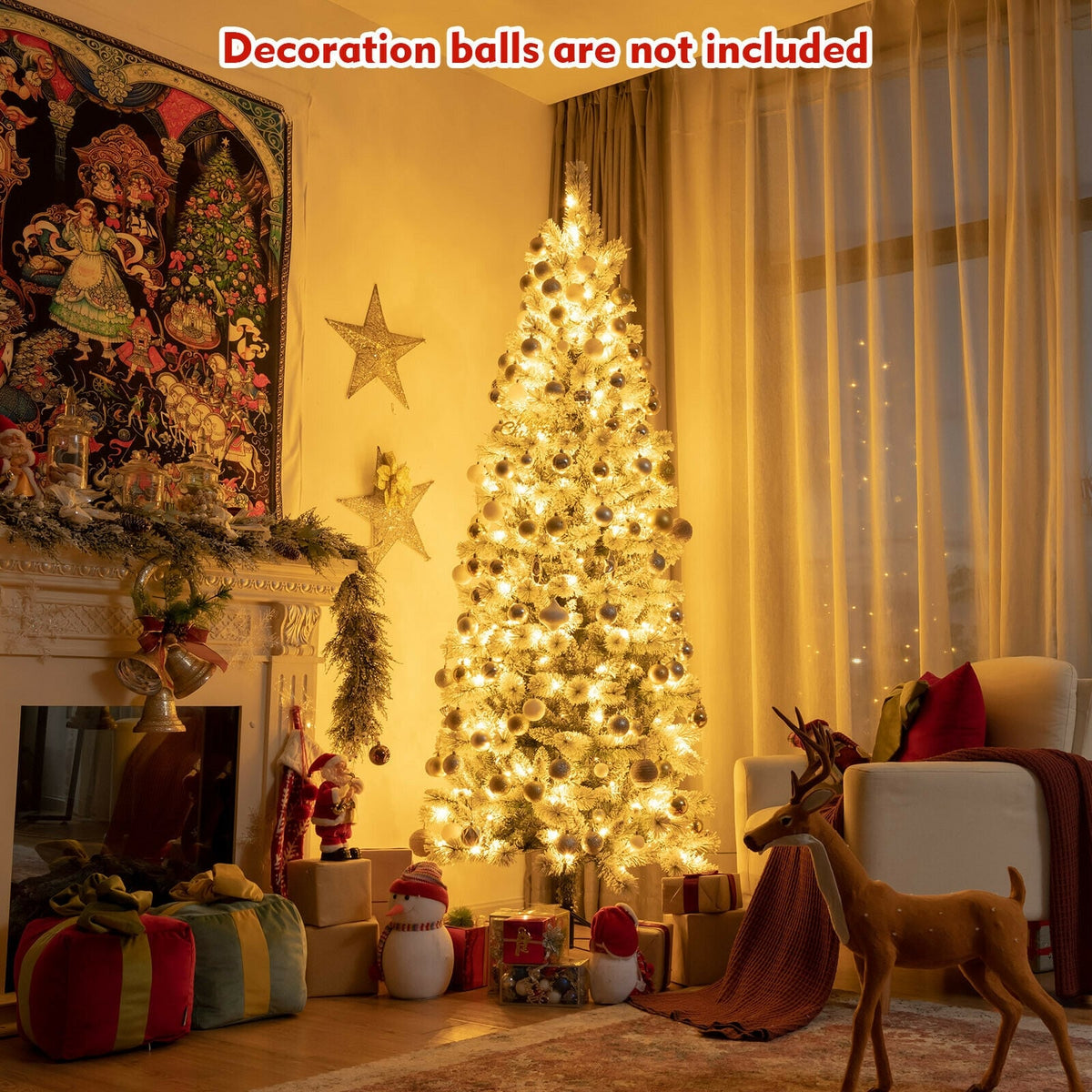 7.5 Feet Pre-Lit Hinged Christmas Tree Snow Flocked with 9 Modes Lights-Christmas Trees-DECOROLALA