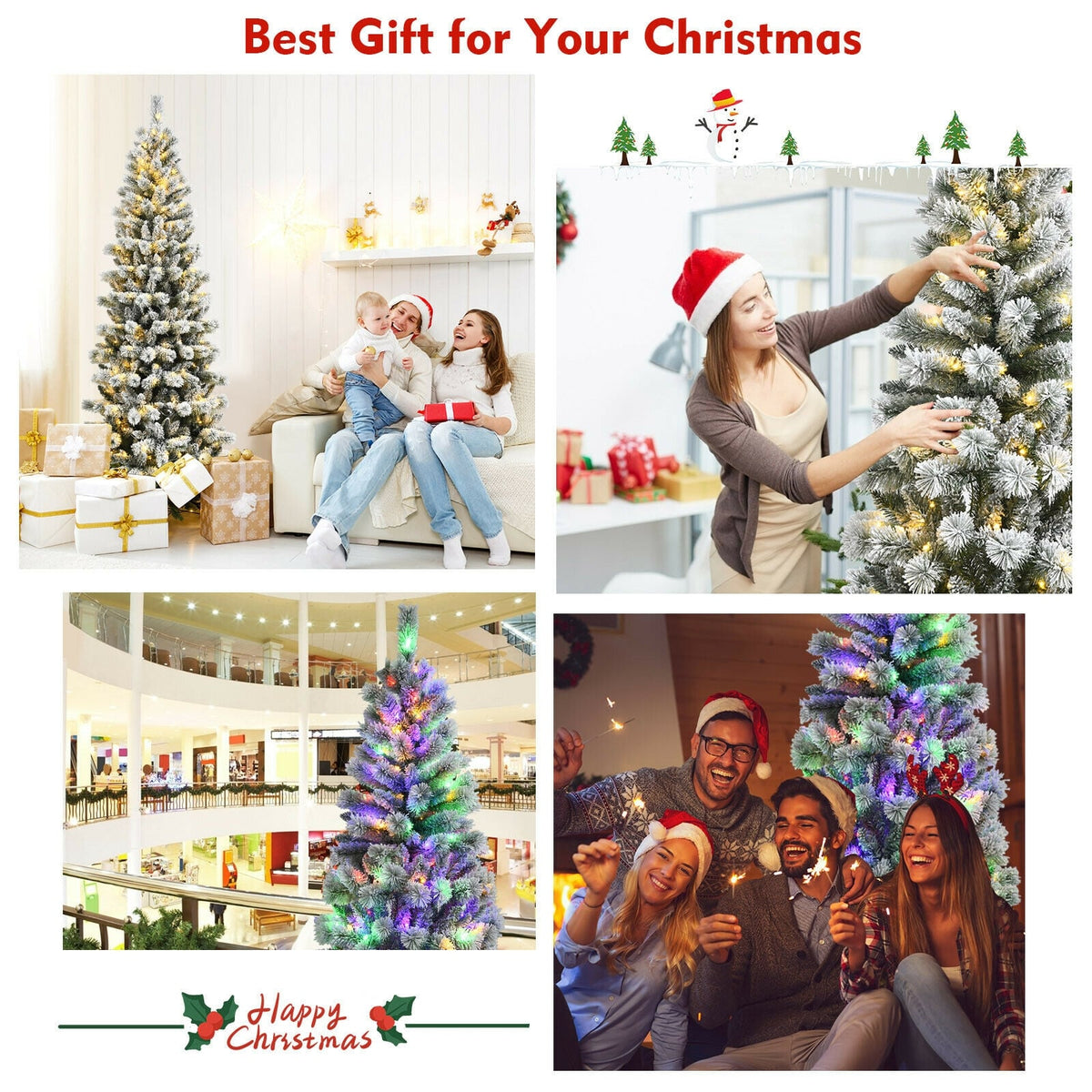7.5 Feet Pre-Lit Hinged Christmas Tree Snow Flocked with 9 Modes Lights-Christmas Trees-DECOROLALA