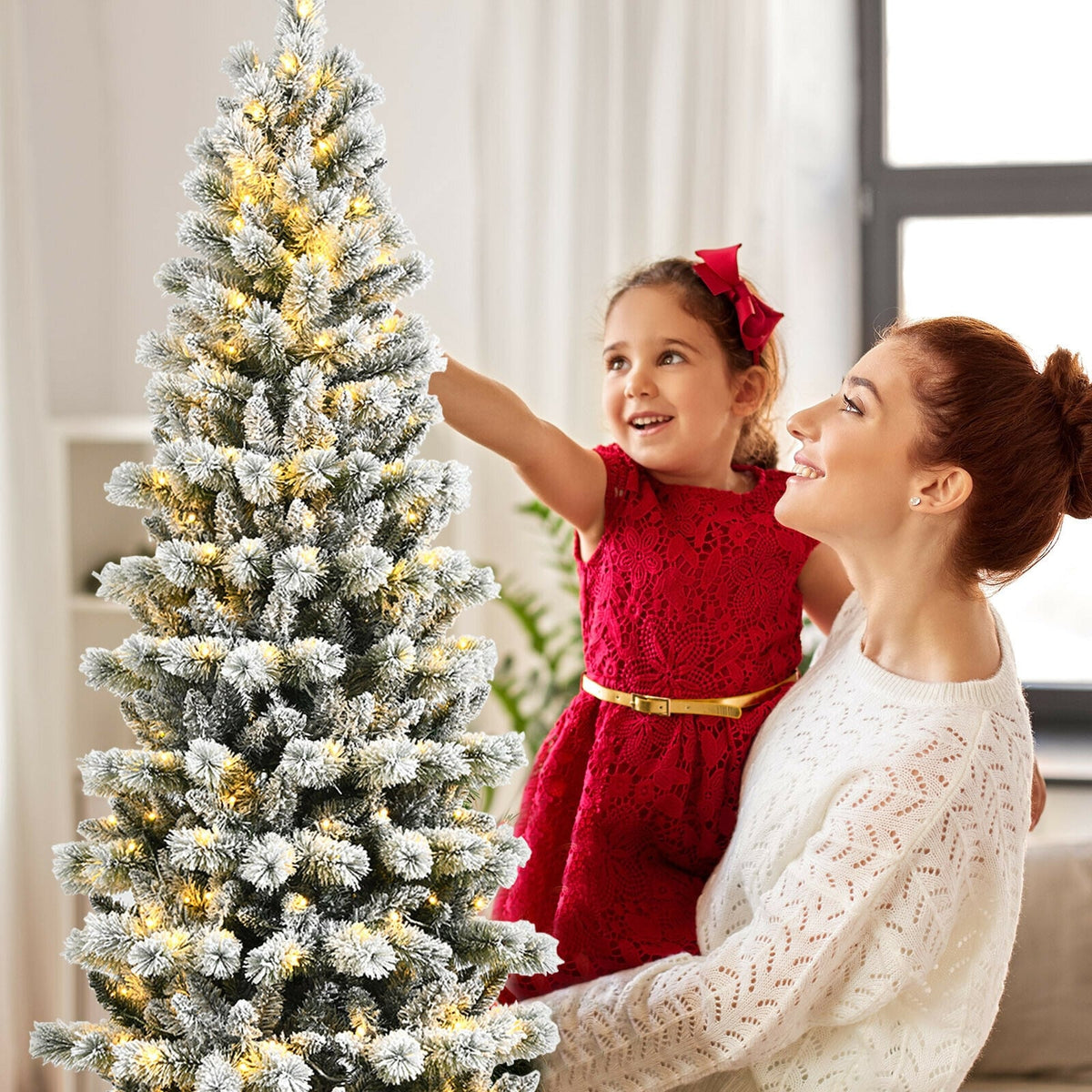 7.5 Feet Pre-Lit Hinged Christmas Tree Snow Flocked with 9 Modes Lights-Christmas Trees-DECOROLALA